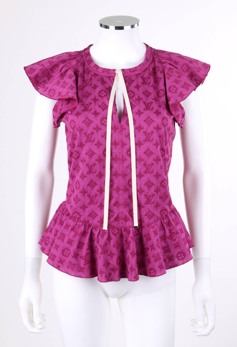 LOUIS VUITTON Magenta Embroidered LV Monogram Ruffled Blouse Top NWT For Sale at 1stdibs