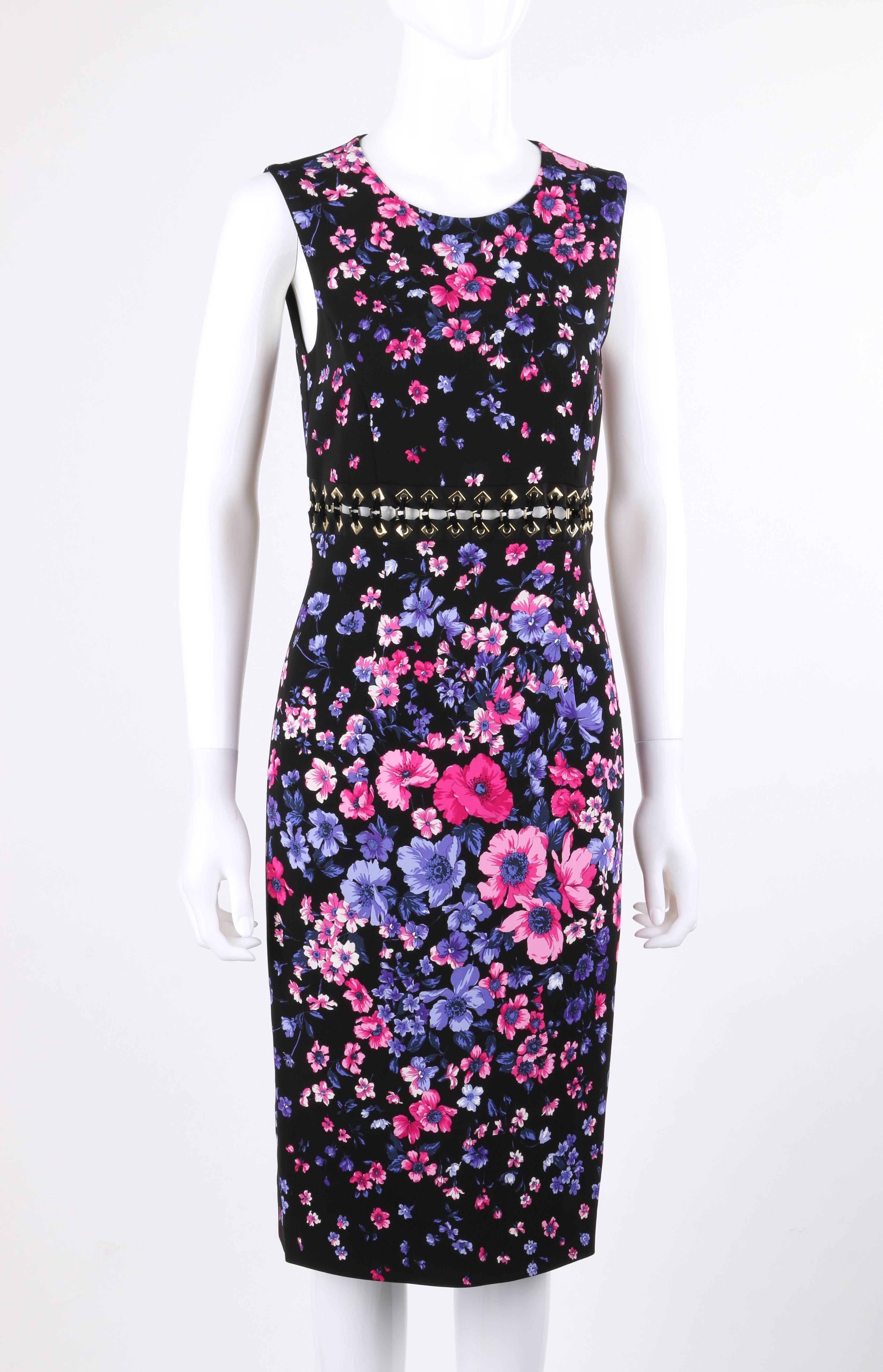 Versace Spring/Summer 2012 Black multi-color floral print cut out waist shift cocktail dress; New with tags. Multi-color all over floral print in shades of pink and purple on black. Scoop neckline. Sleeveless shift style. Cut out waist detail made