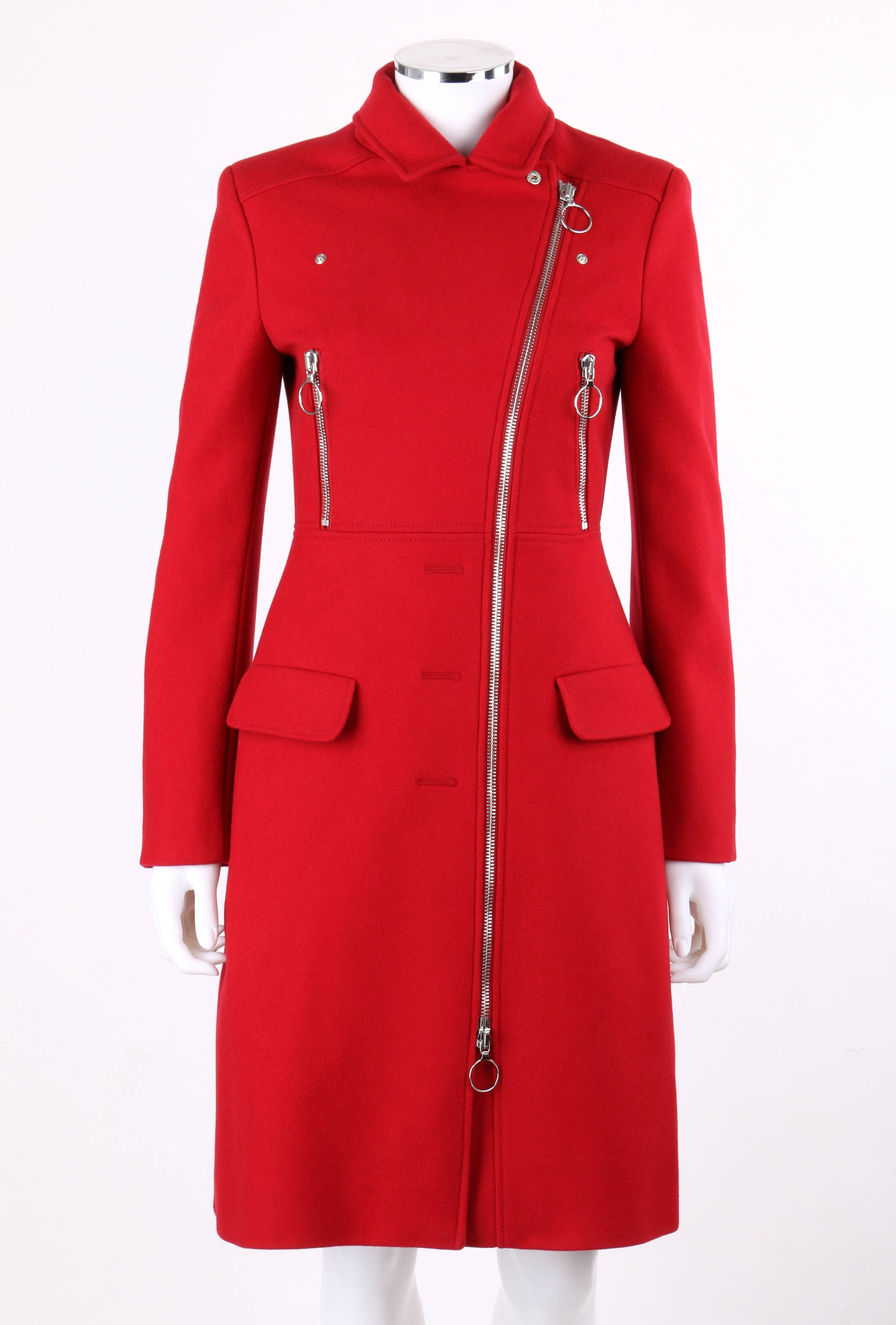 Moschino Cheap & Chic red wool side zip motorcycle car-length coat; New with tags. Notched lapel collar coat with silver-toned snap closures at lapels. Side two-way zipper closure with ring zipper pulls. Three faux buttonholes at side front. Two