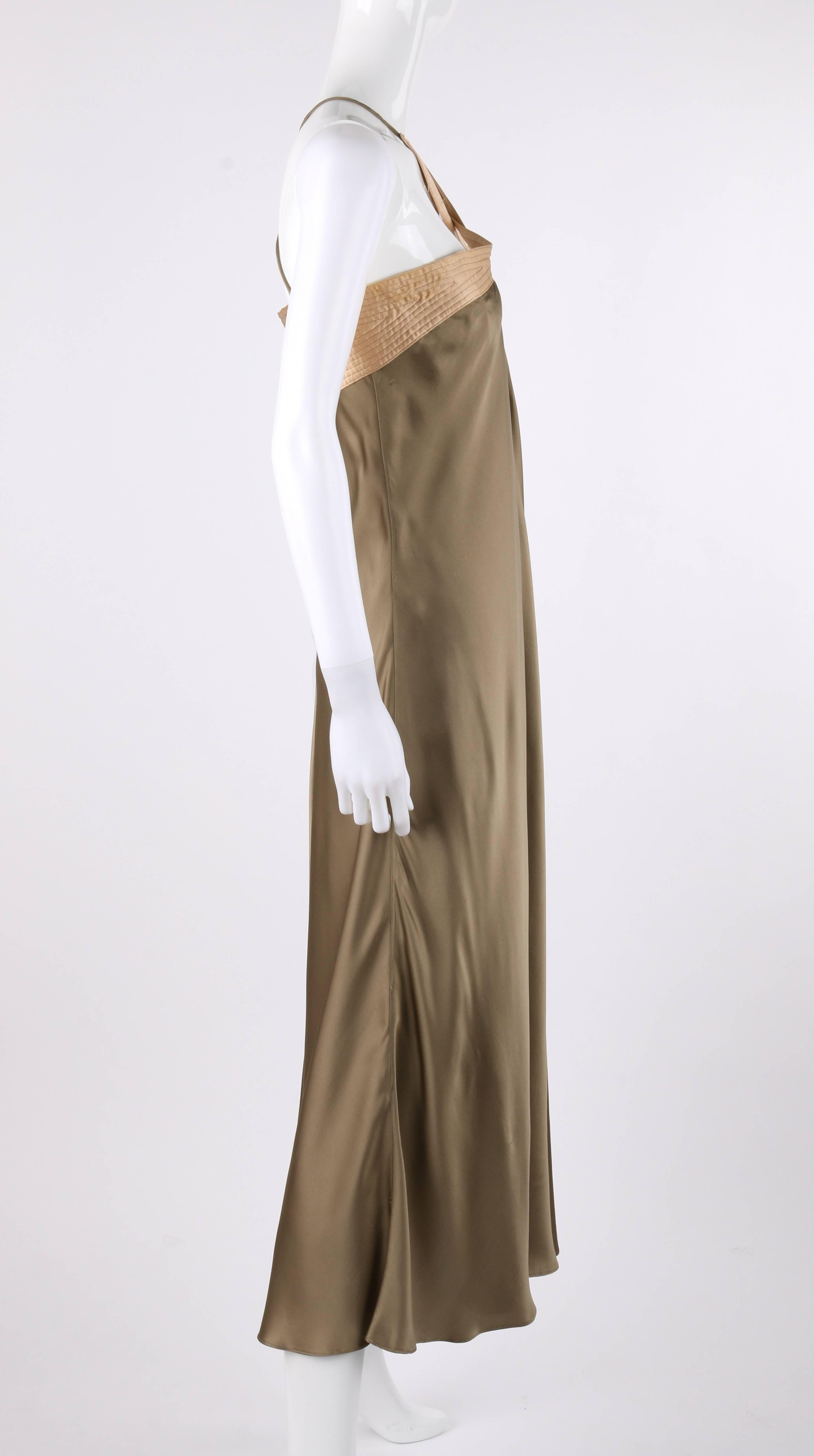 Brown GEOFFREY BEENE c.1990's Taupe & Blush Gold Silk Twist Halter Cocktail Slip Dress