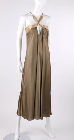 GEOFFREY BEENE c.1990's Taupe & Blush Gold Silk Twist Halter Cocktail Slip Dress