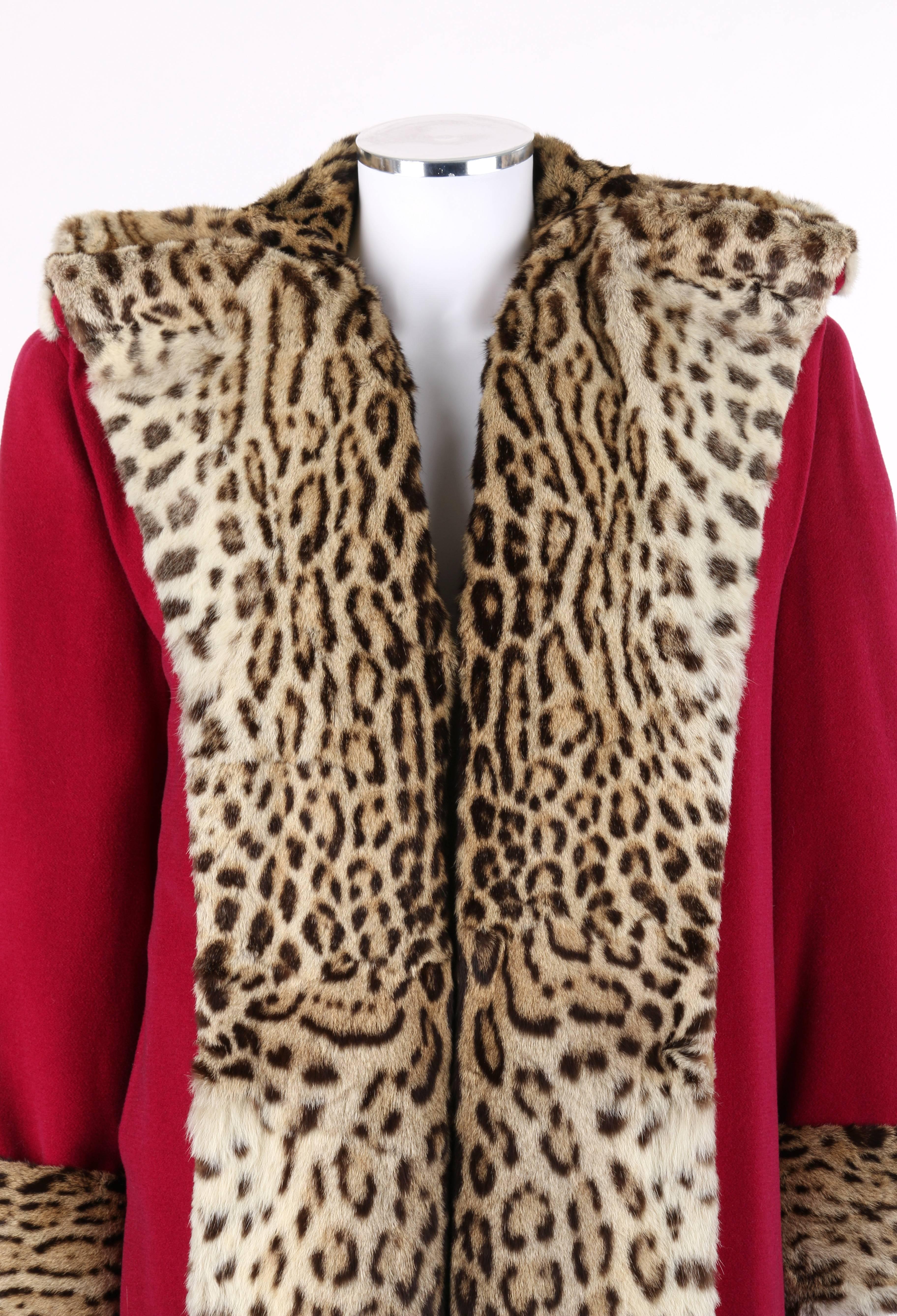 Brown Vtg RUSSEKS c.1940's Raspberry Red Wool Genuine Fur Trim Tuxedo Collar Box Coat 