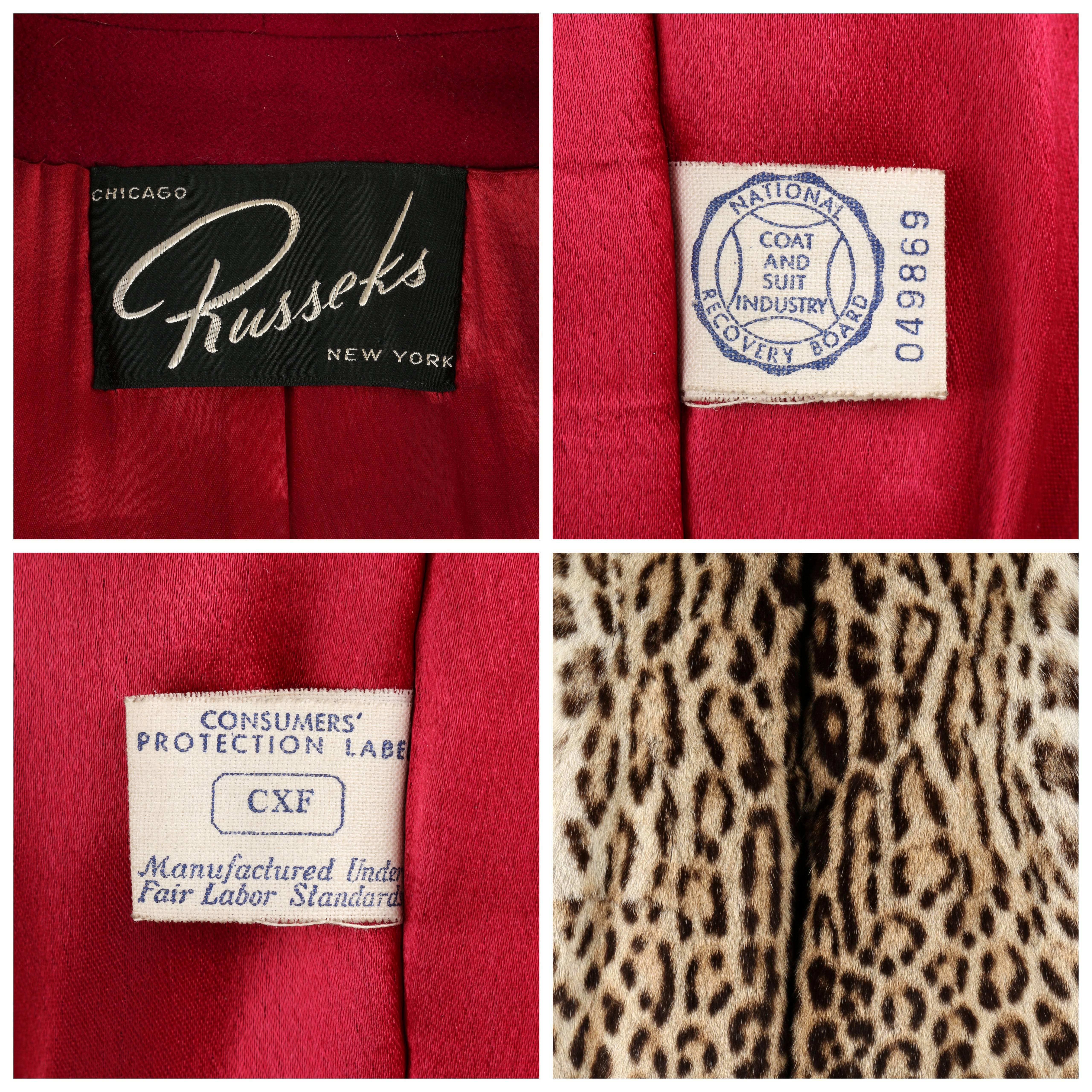 Women's Vtg RUSSEKS c.1940's Raspberry Red Wool Genuine Fur Trim Tuxedo Collar Box Coat 