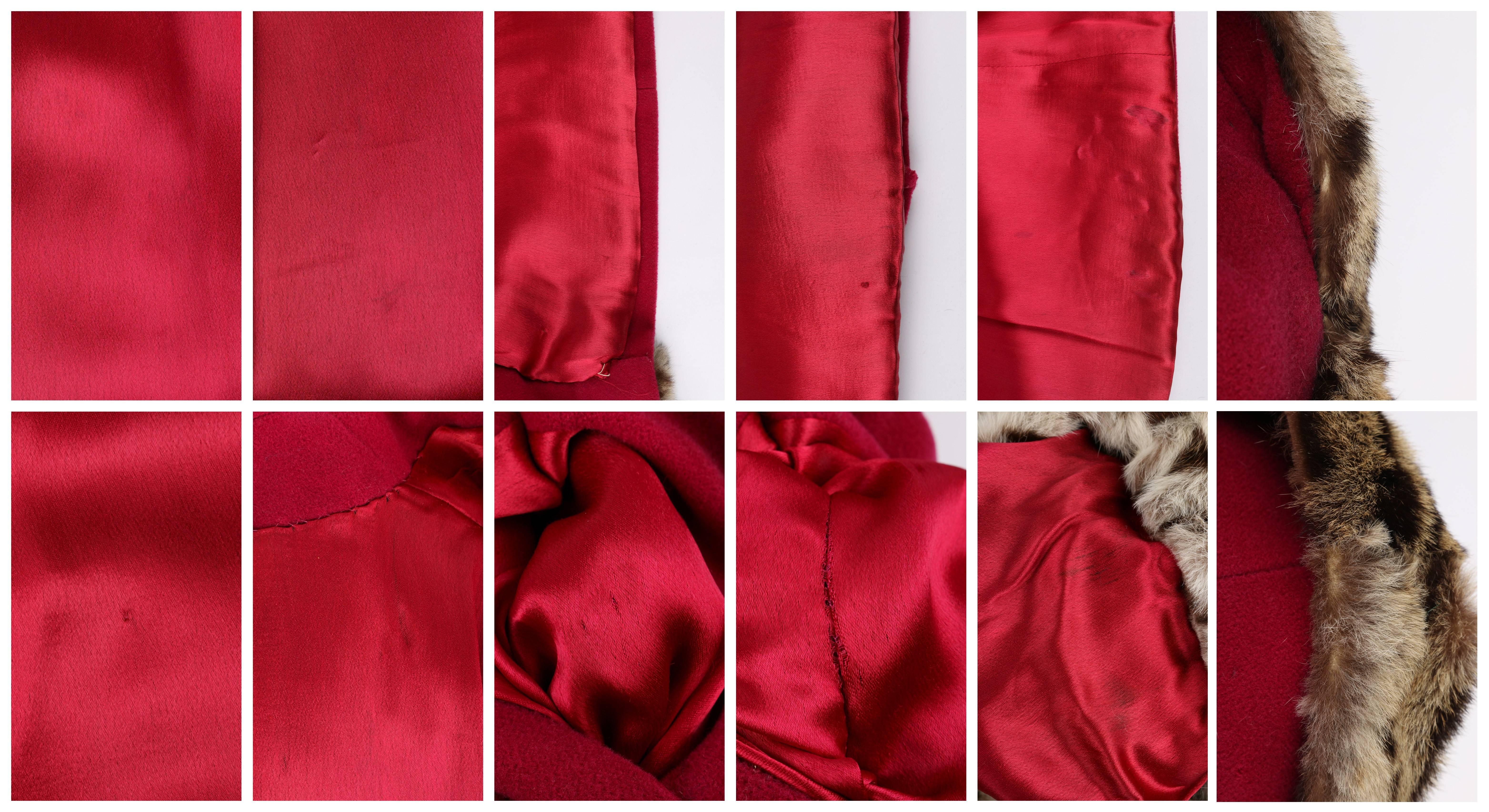 Vtg RUSSEKS c.1940's Raspberry Red Wool Genuine Fur Trim Tuxedo Collar Box Coat  1