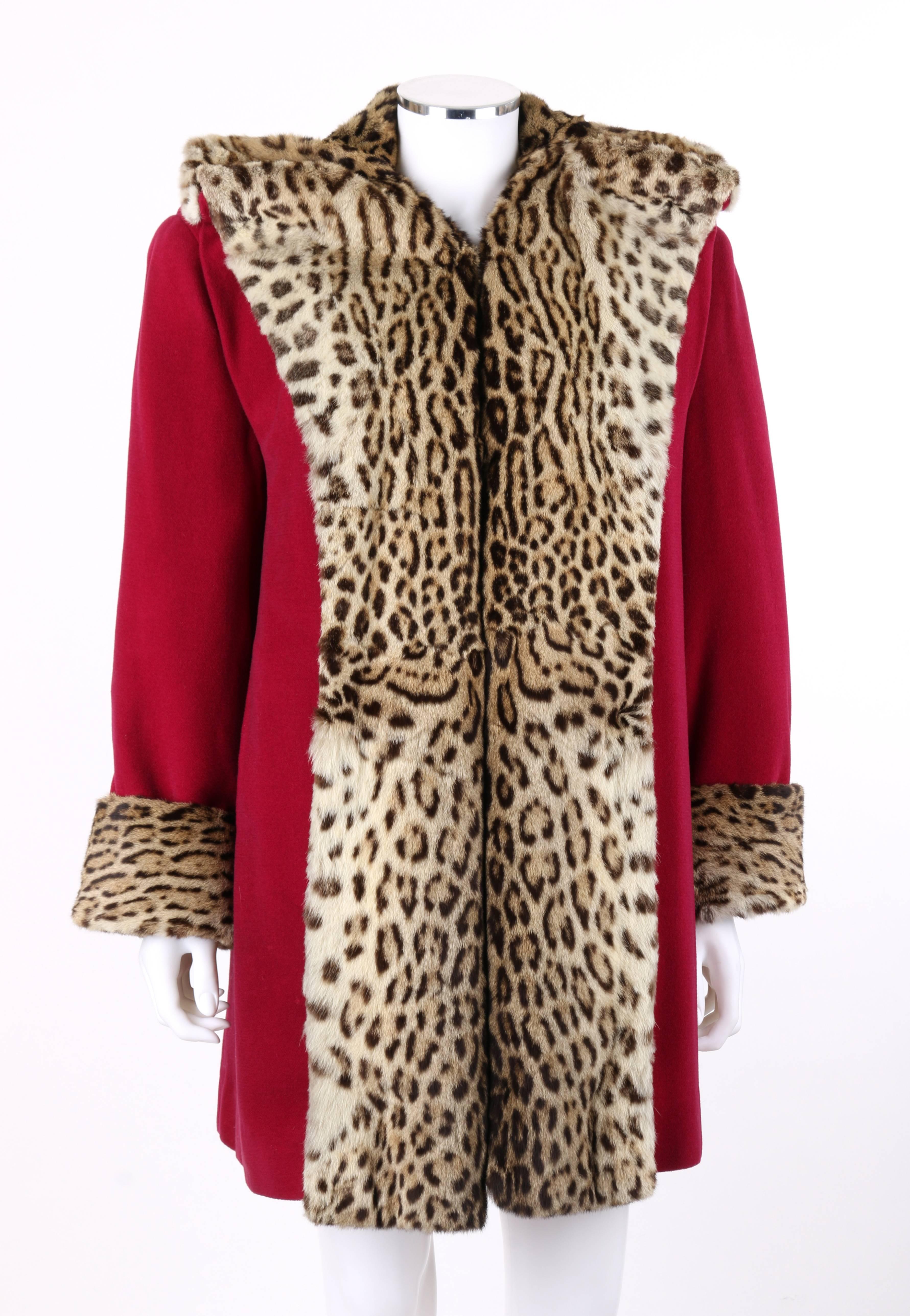 Vintage Russeks c.1940's raspberry red wool and spotted cat print dyed genuine fur trim mid-length box coat. Large genuine fur full tuxedo collar with pleated detail at shoulders. Long sleeves with large turned up genuine fur cuffs. Deep knife pleat