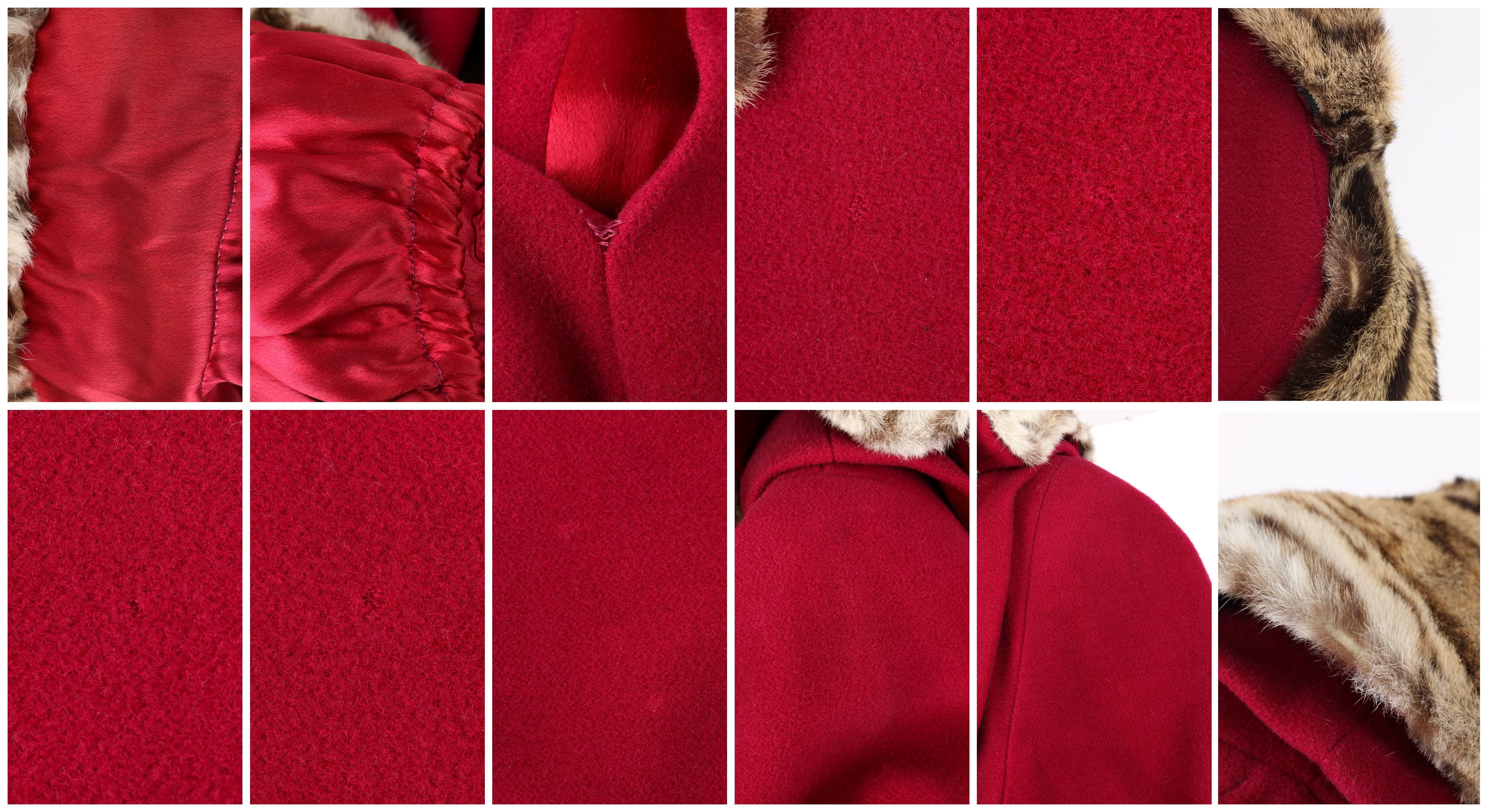 Vtg RUSSEKS c.1940's Raspberry Red Wool Genuine Fur Trim Tuxedo Collar Box Coat  2