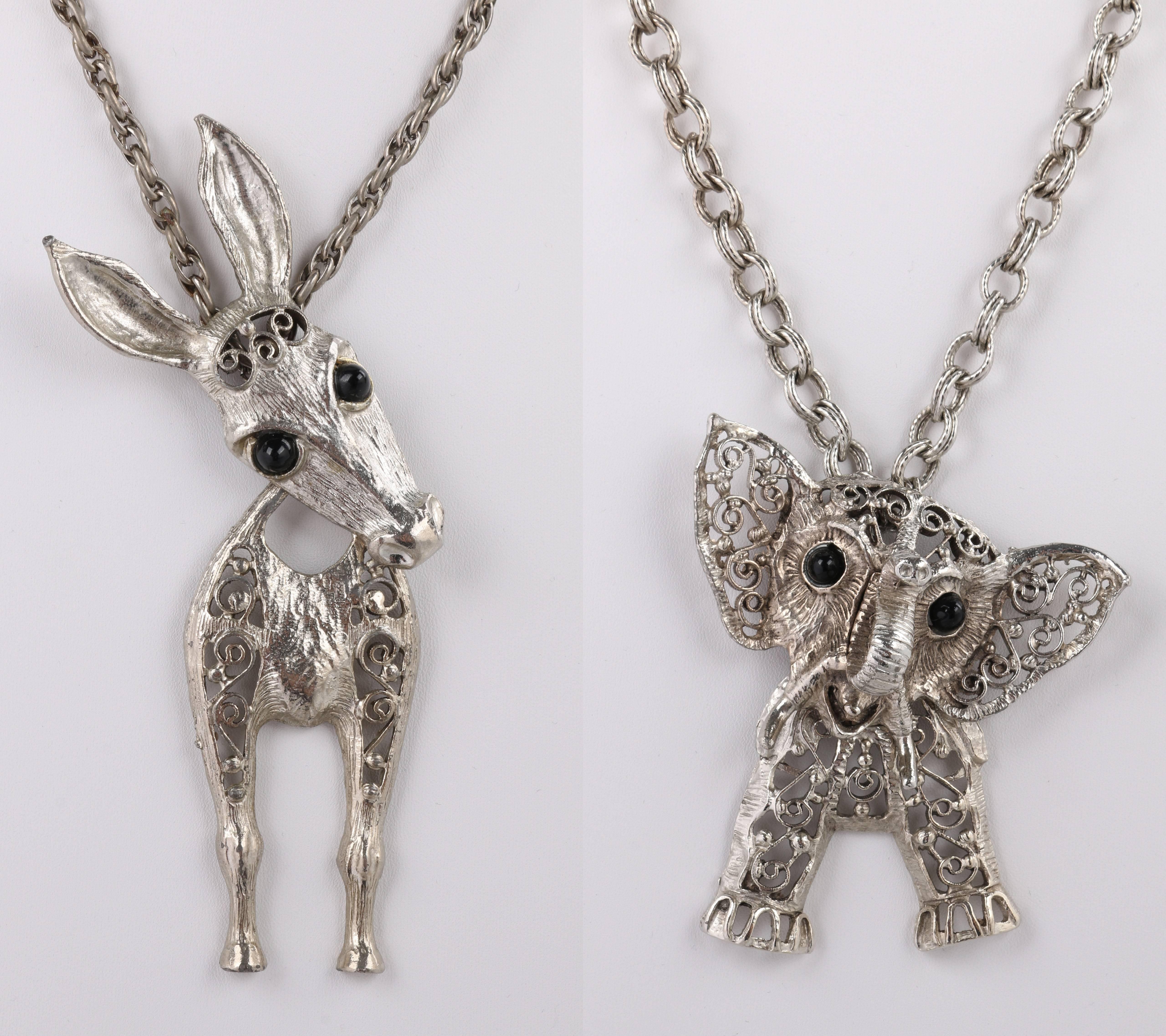 Vintage c.1970's Juliana Deliza & Elster two piece silver articulated donkey & elephant ( political ?) pendant statement necklace set. Featured on pages 47 and 52 of 