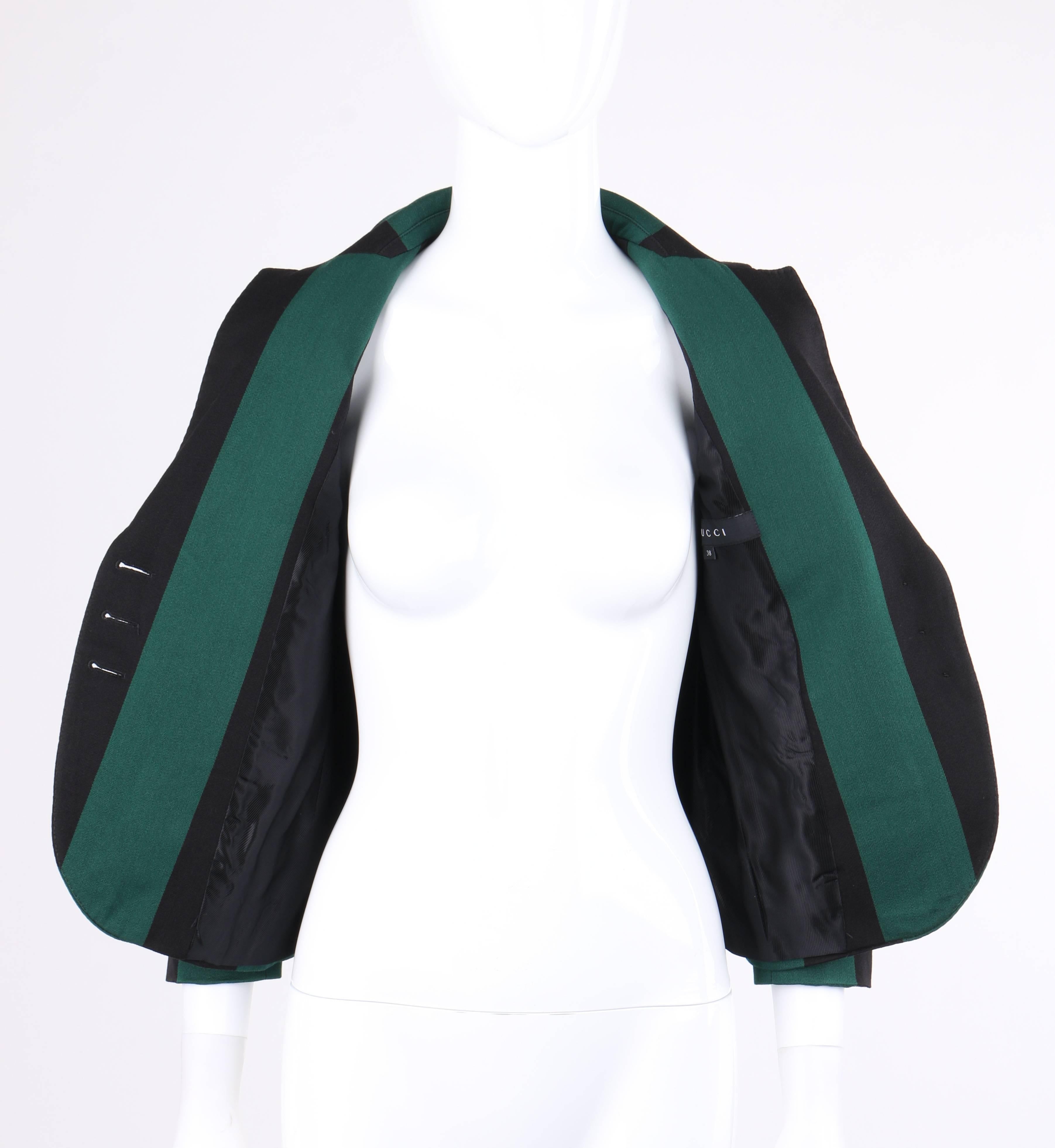 GUCCI S/S 2009 Green & Black Striped Wool Prep School Blazer Jacket In Excellent Condition In Thiensville, WI