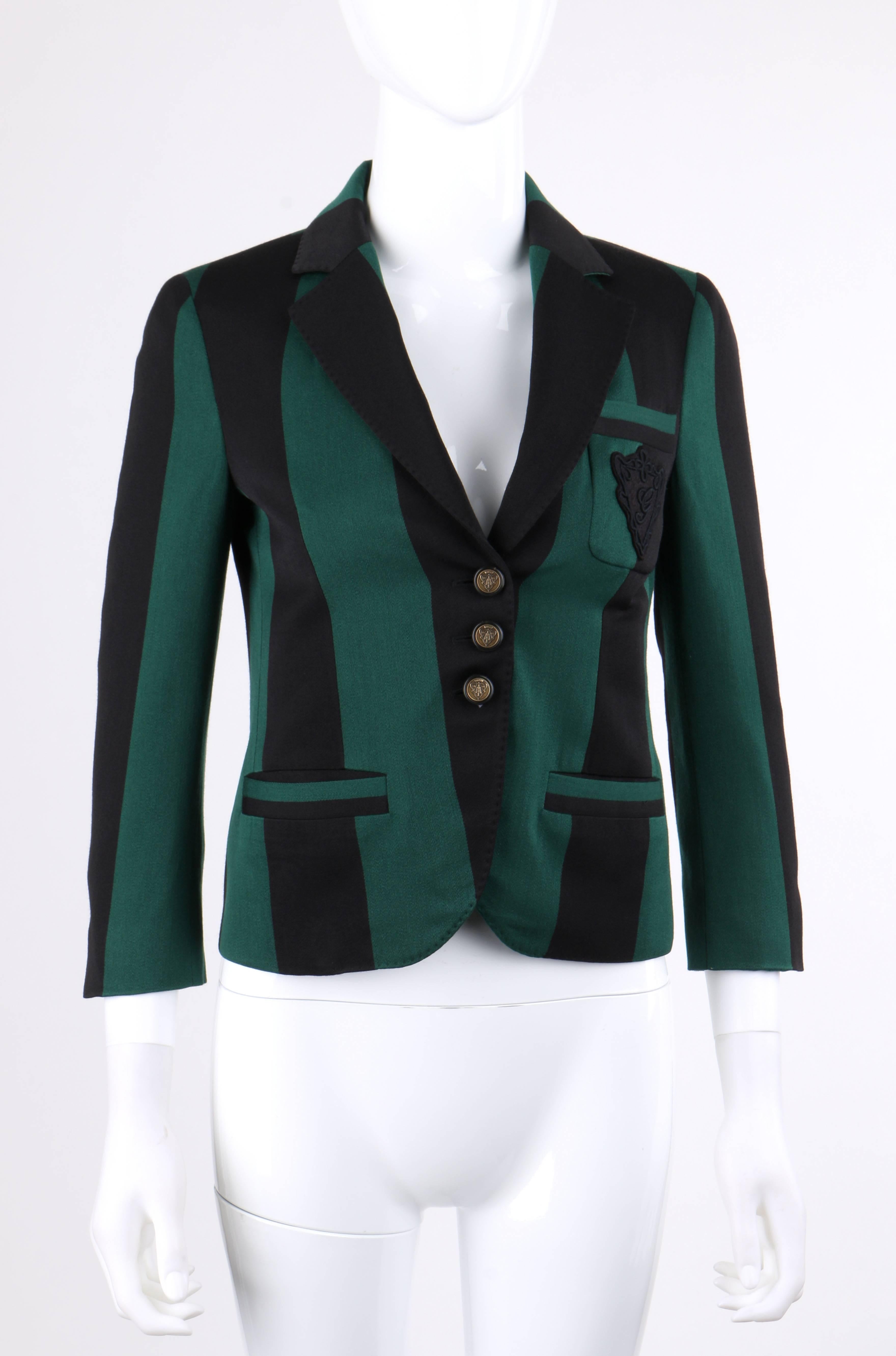 Gucci Spring/Summer 2009 green & black striped wool prep school blazer. Notched lapel collar. Three center front button closures. Brass-toned and black 