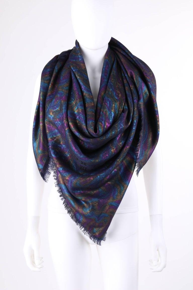 LOUIS VUITTON A/W 2011 Midnight Blue Multicolor Monogram Silk Wool Scarf / Shawl For Sale at 1stdibs