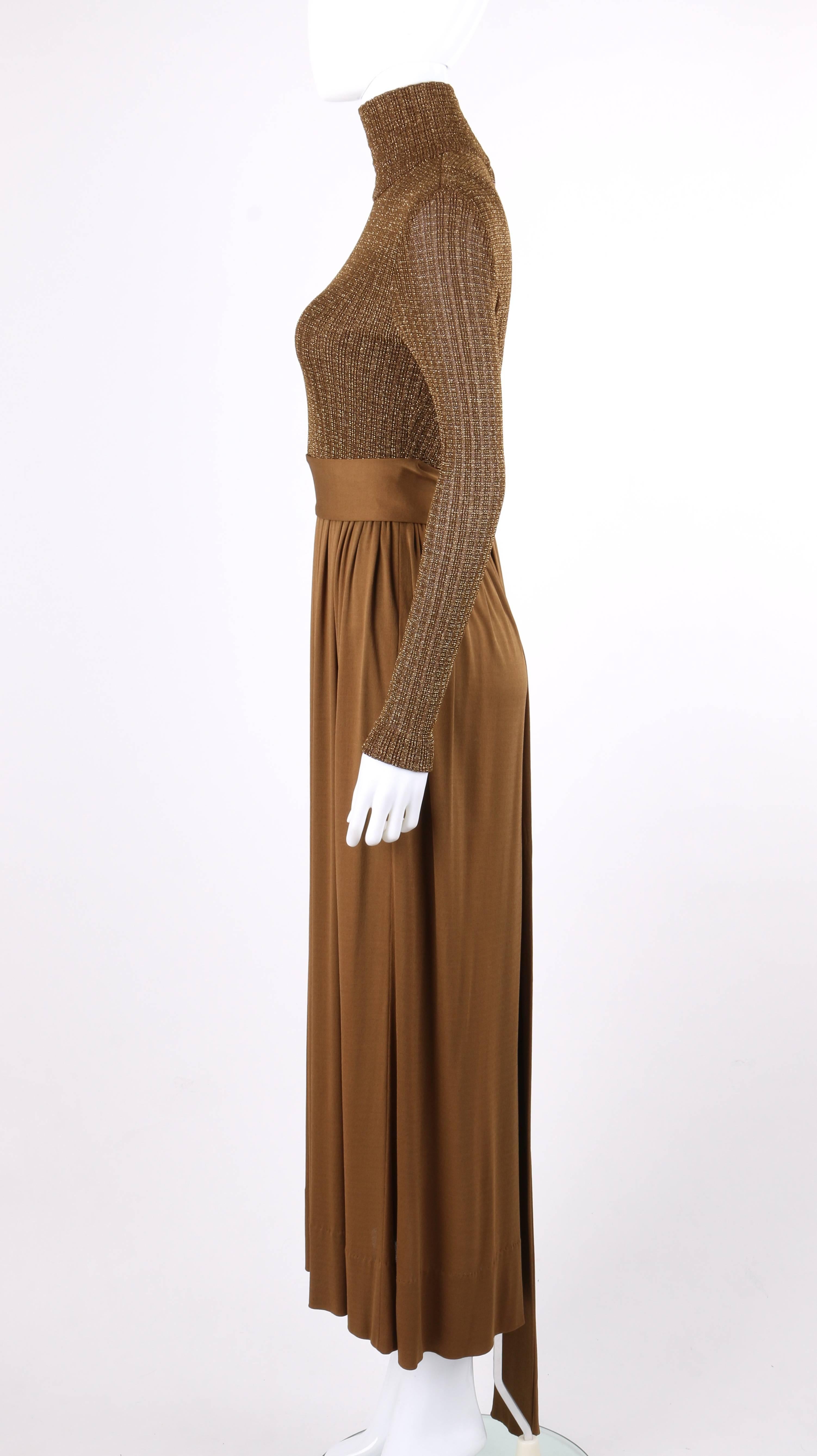 Women's RODRIGUES c.1970's Bronze Metallic Knit Long Sleeve Cocktail Evening Gown