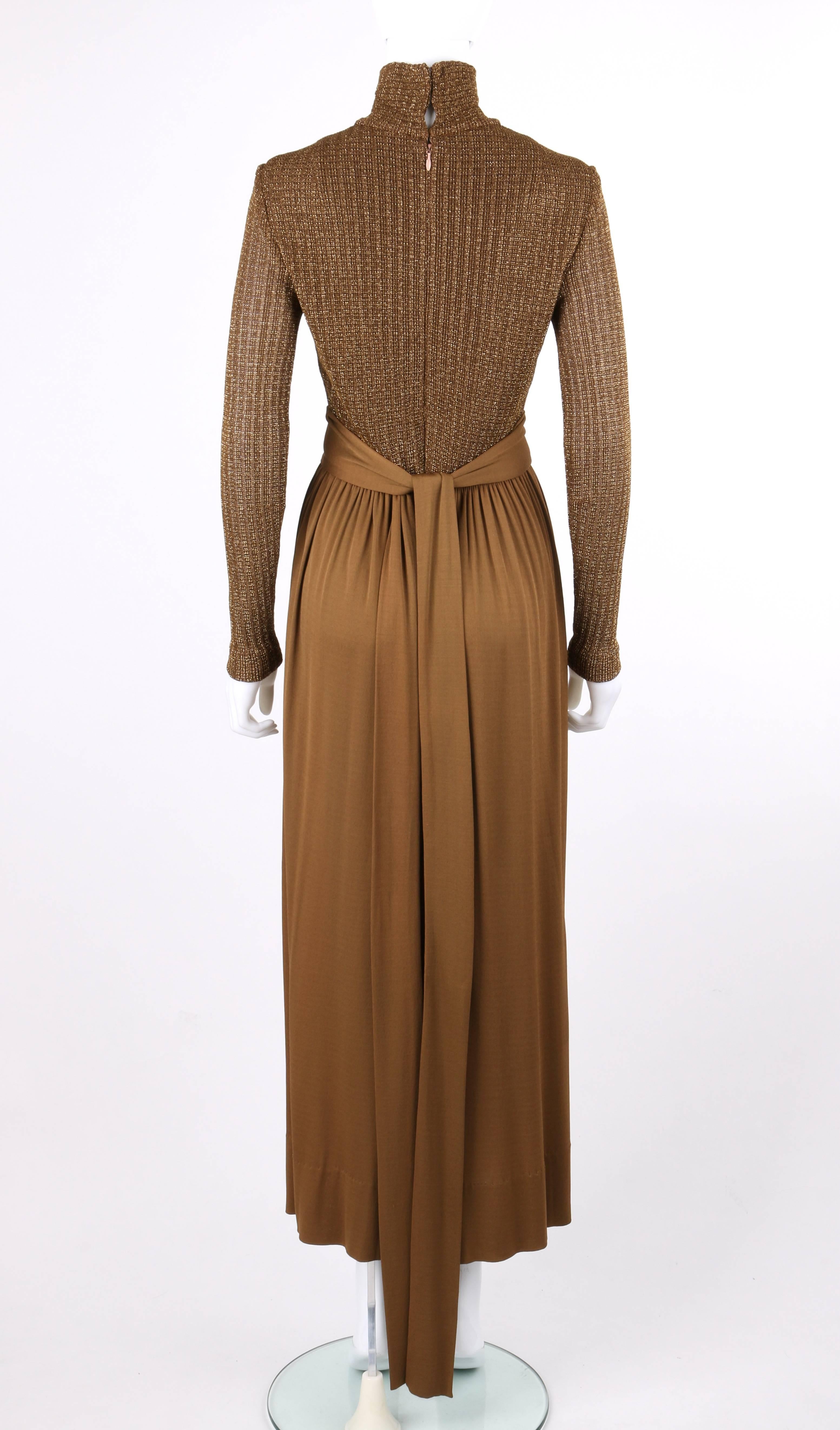 Brown RODRIGUES c.1970's Bronze Metallic Knit Long Sleeve Cocktail Evening Gown