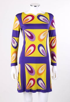 EMILIO PUCCI c.1968 "Margherita" Print Yellow & Blue Op Art Silk Shift Dress
