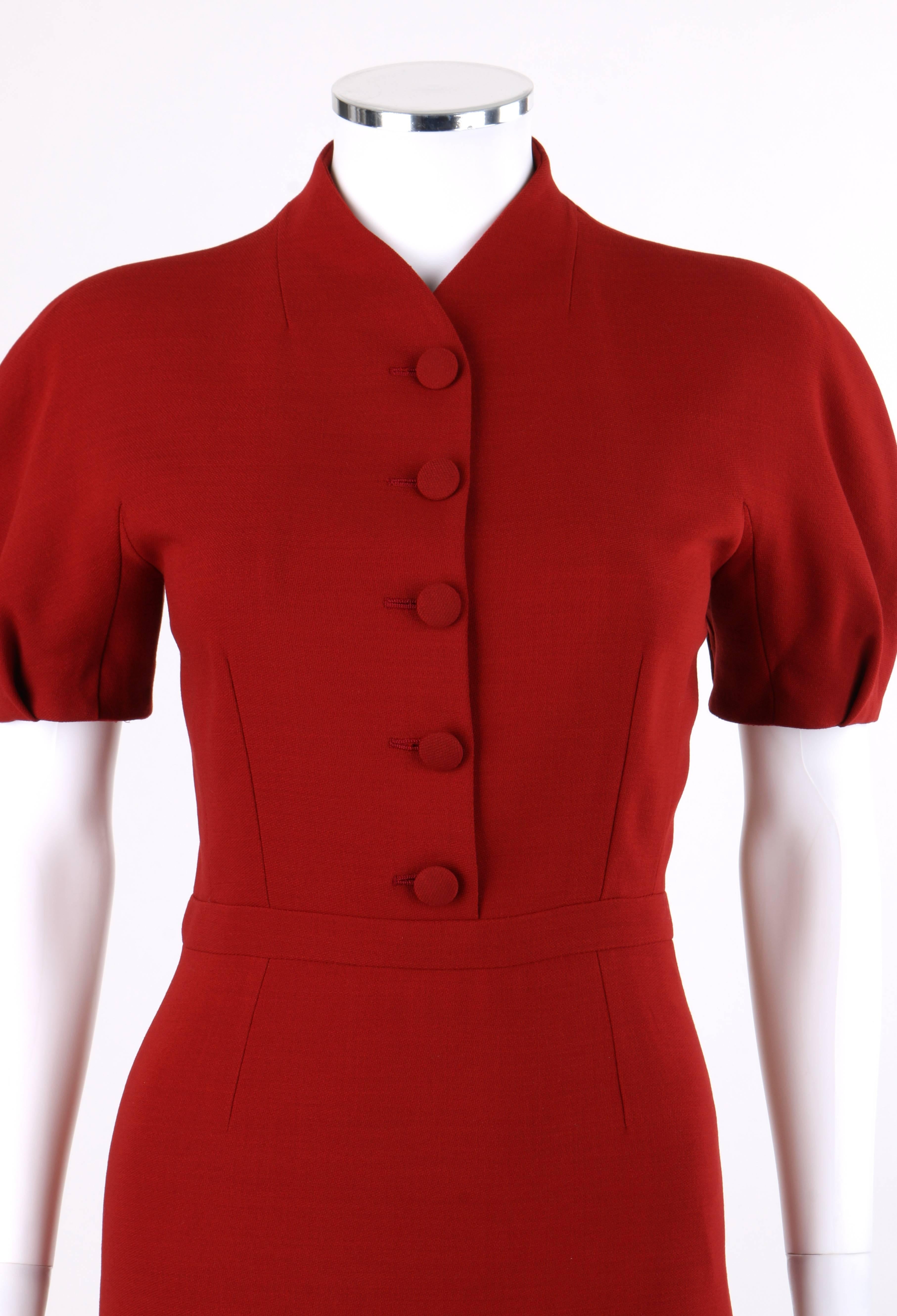 Gucci Pre-Fall 2013 rest red wool button front dolman sleeve shift dress; New with tags. Runway look #12. Built up neckline. Short dolman sleeves with two knife pleats at cuff. Five center front covered button closures. Banded waist. Center back