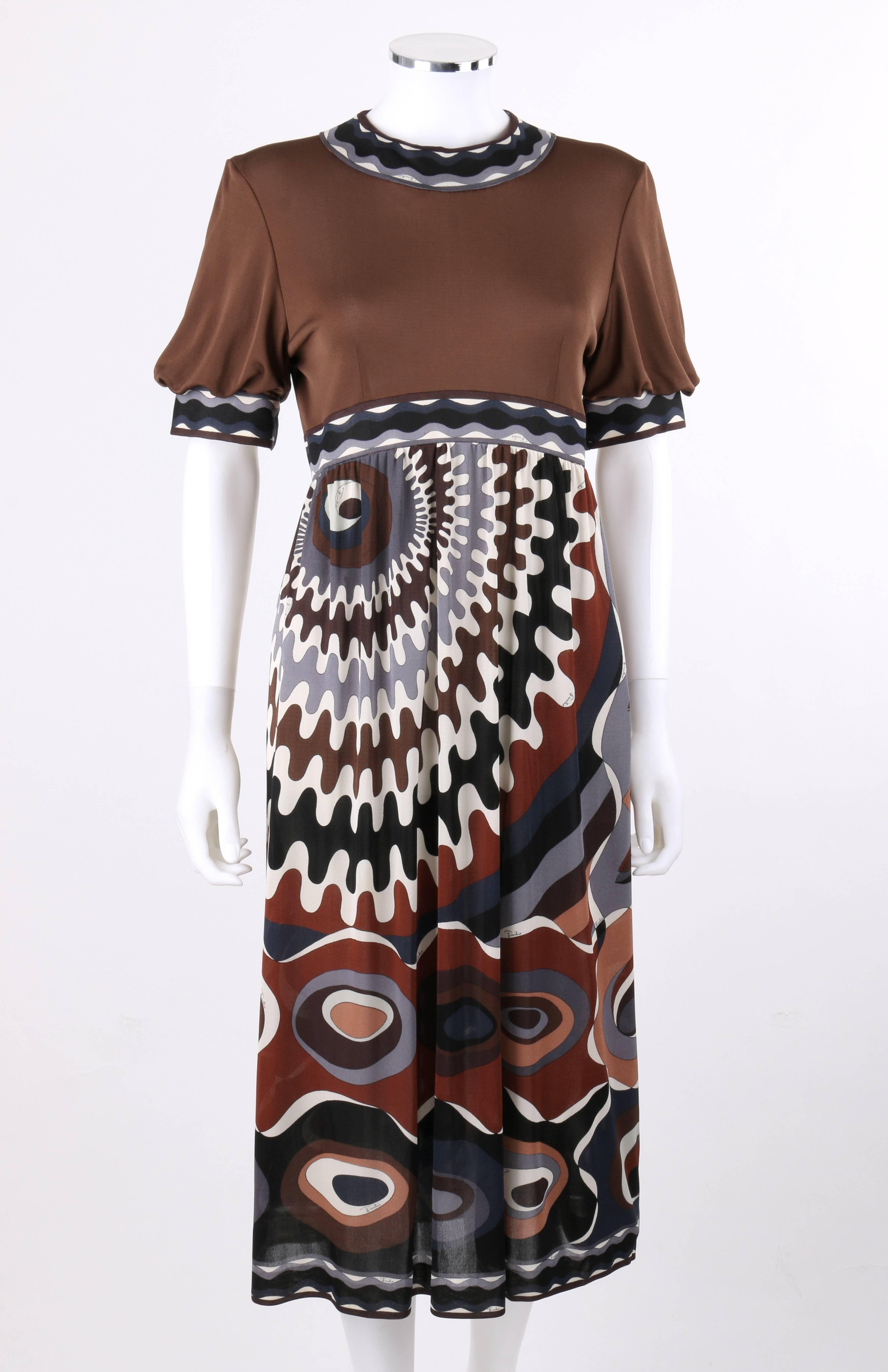 Vintage Emilio Pucci for Lord & Taylor c.1960's brown signature op art print silk jersey shift dress. Mod signature op art and bubble print skirt in shades of brown, black, white, and gray. Wave boarder print in shads of gray, black, and white along