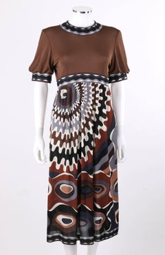EMILIO PUCCI c.1960's Brown Signature Op Art Print Silk Jersey Shift Dress