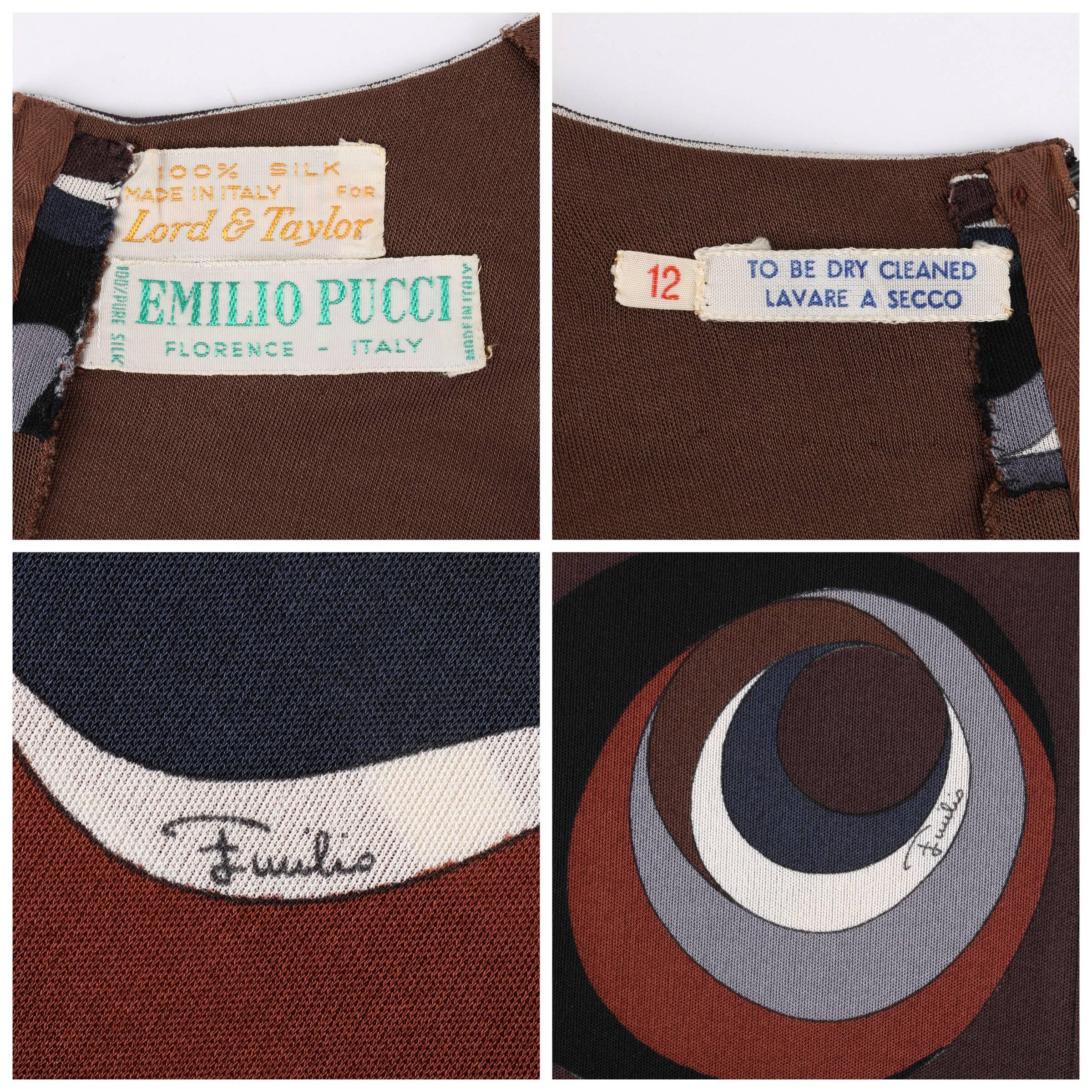 Women's EMILIO PUCCI c.1960's Brown Signature Op Art Print Silk Jersey Shift Dress