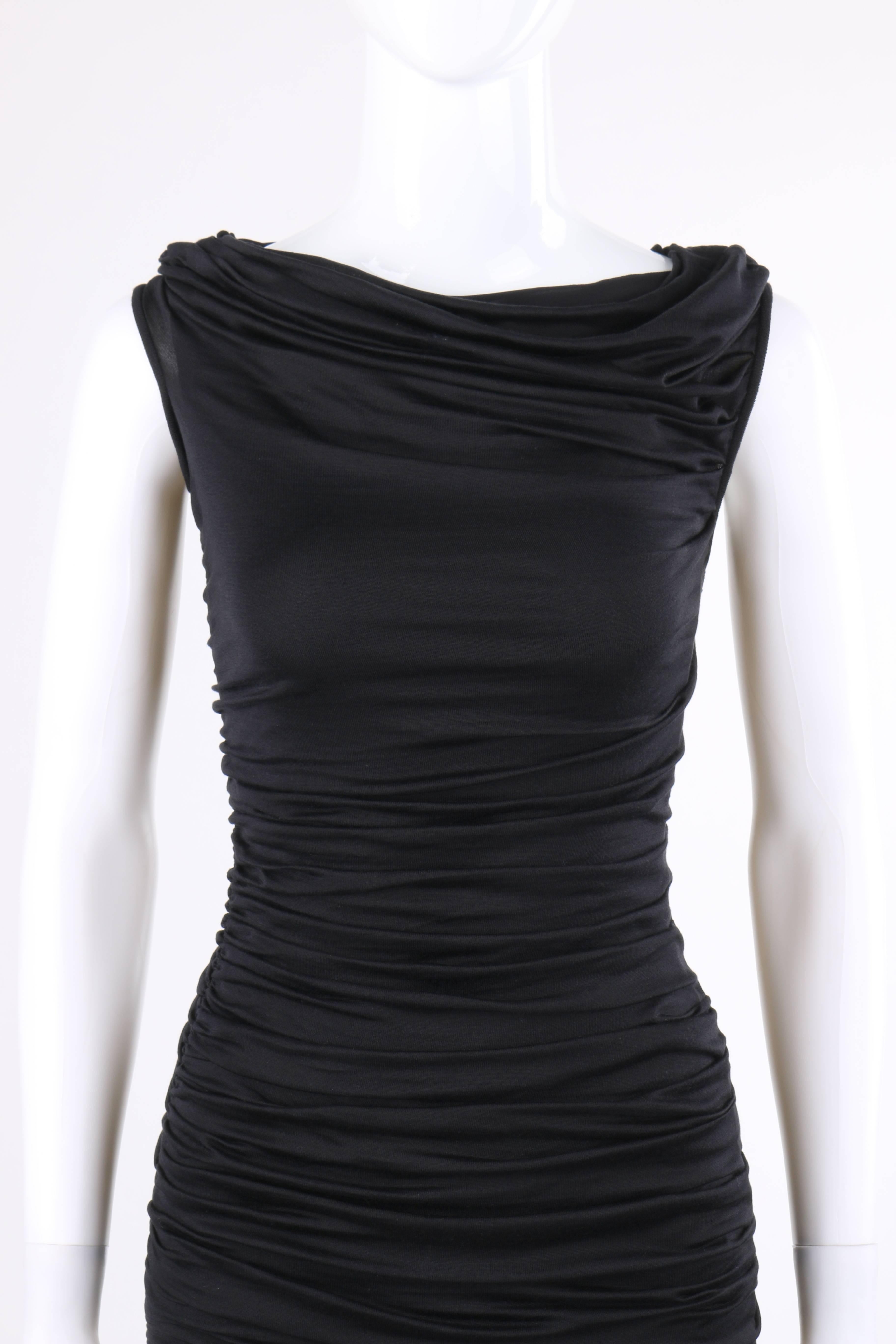 GIAMBATTISTA VALLI Black Silk Jersey Knit Ruched Bodycon Cocktail Dress In Excellent Condition In Thiensville, WI