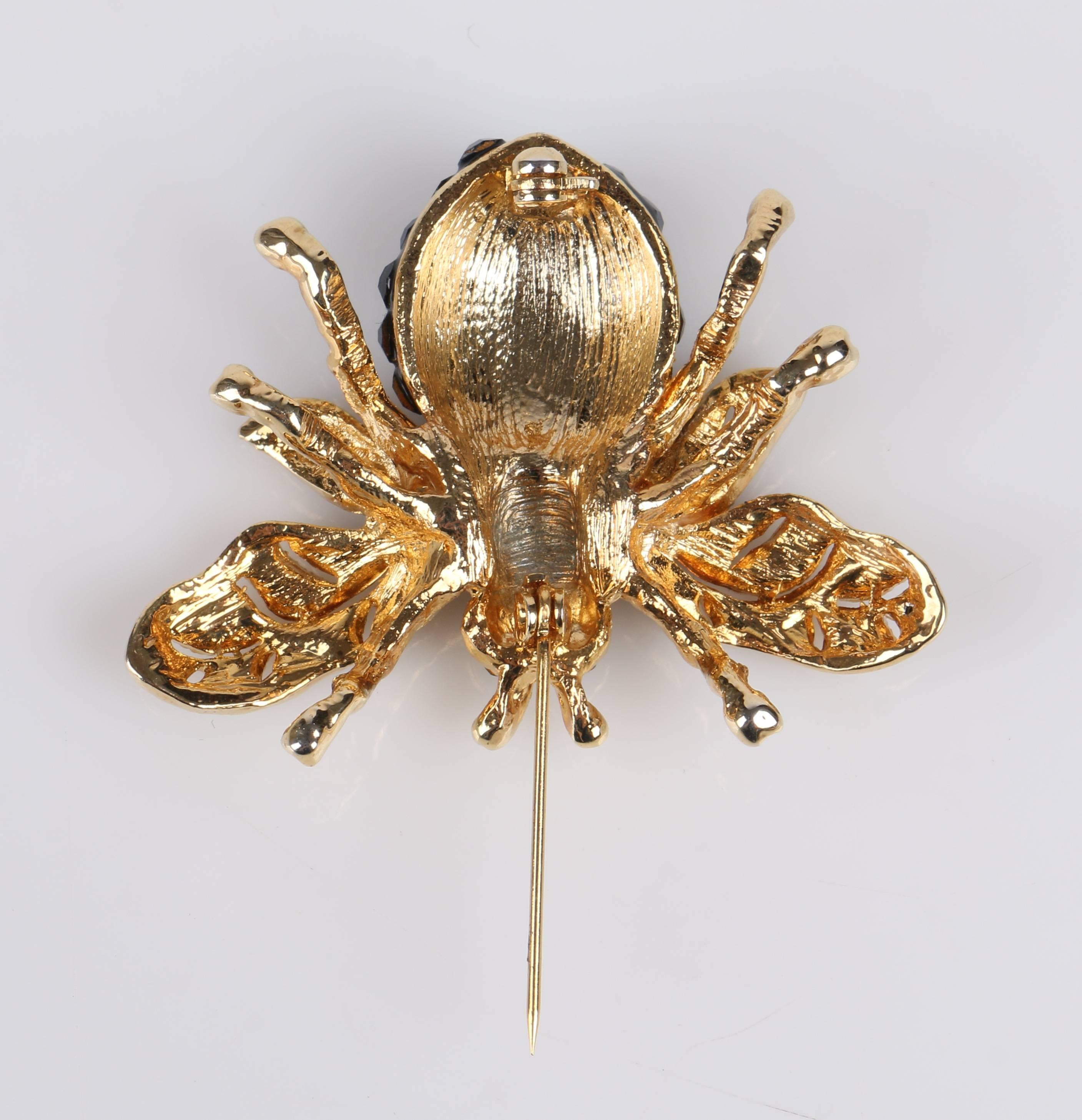 c.1990's Sapphire Blue Crystal Rhinestone & Gold Bee Bug Figural Brooch Pin 1