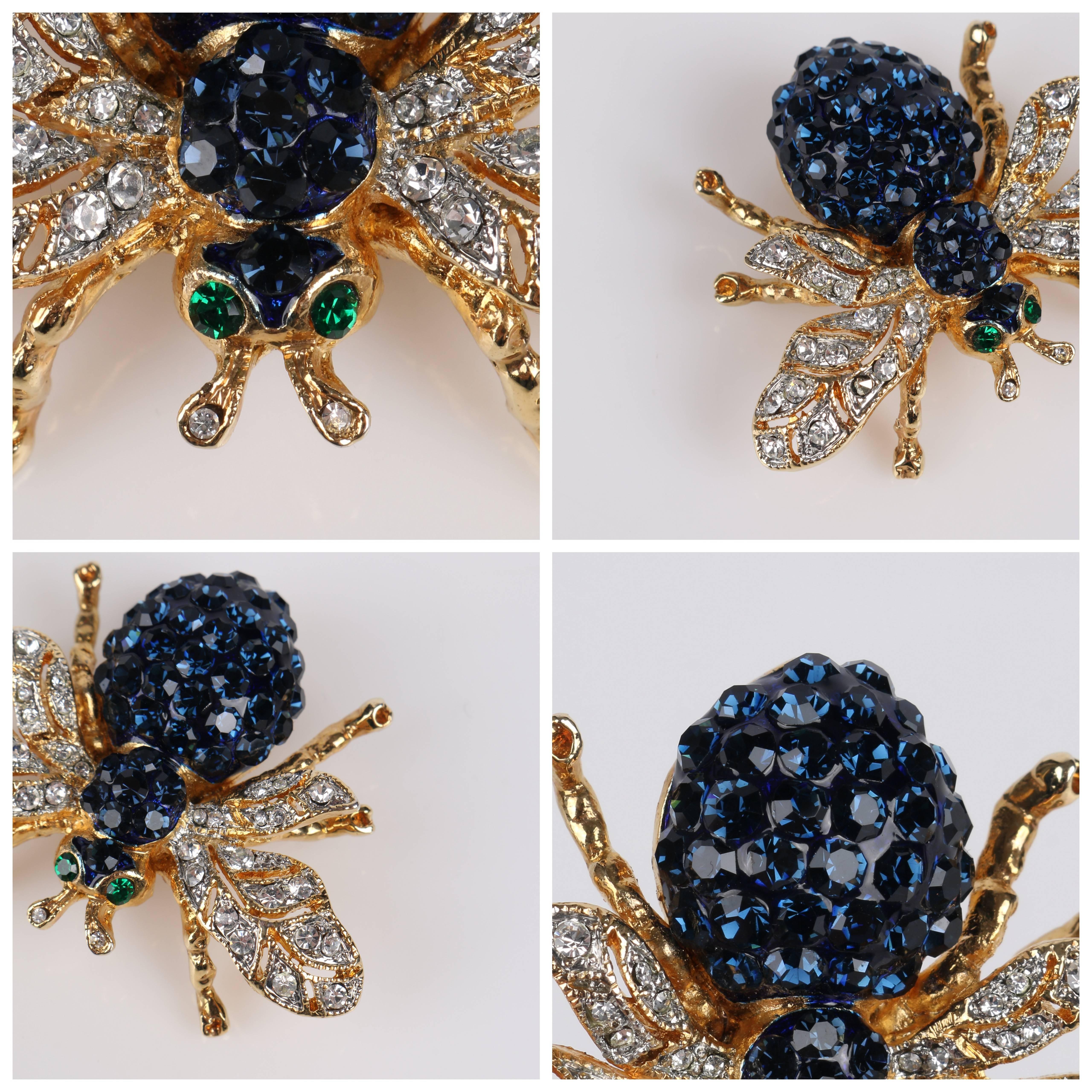 c.1990's Sapphire Blue Crystal Rhinestone & Gold Bee Bug Figural Brooch Pin 5