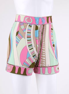 EMILIO PUCCI c.1970's Pink Multicolor Signature Op Art Print Silk Jersey Shorts