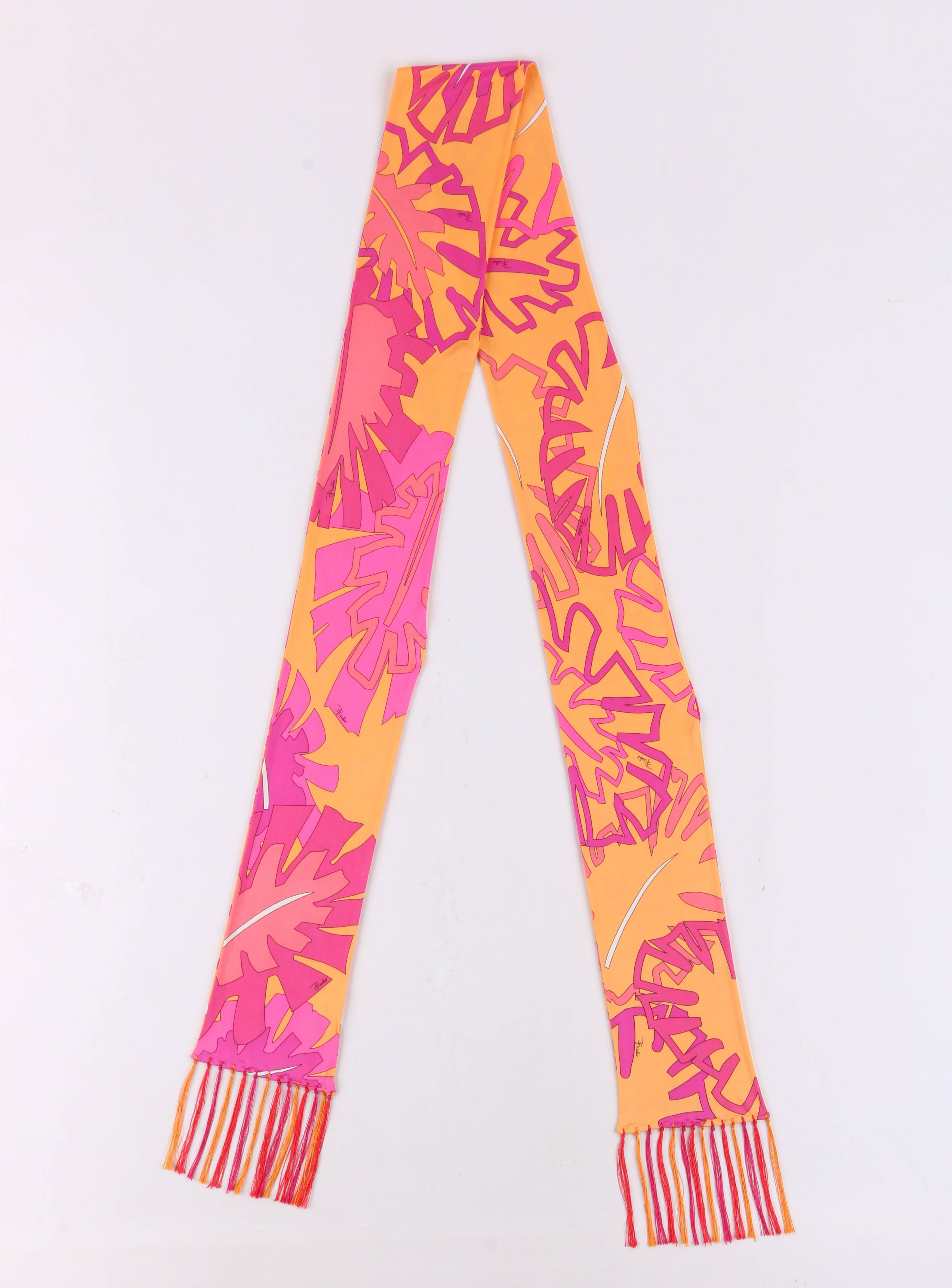 EMILIO PUCCI Orange & Pink Signature Leaf Print Silk Jersey Oblong Fringe Scarf 2