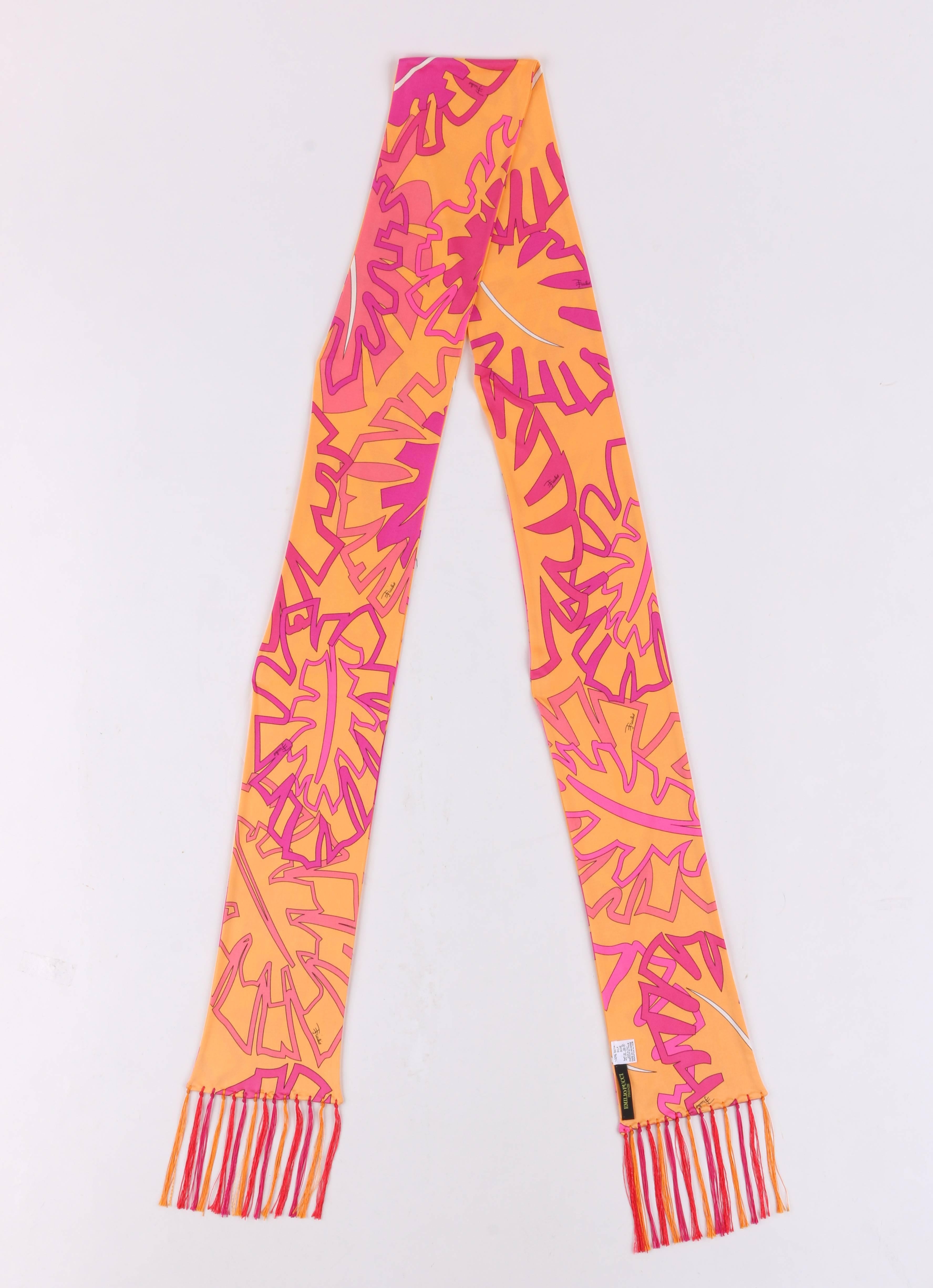 EMILIO PUCCI Orange & Pink Signature Leaf Print Silk Jersey Oblong Fringe Scarf 1