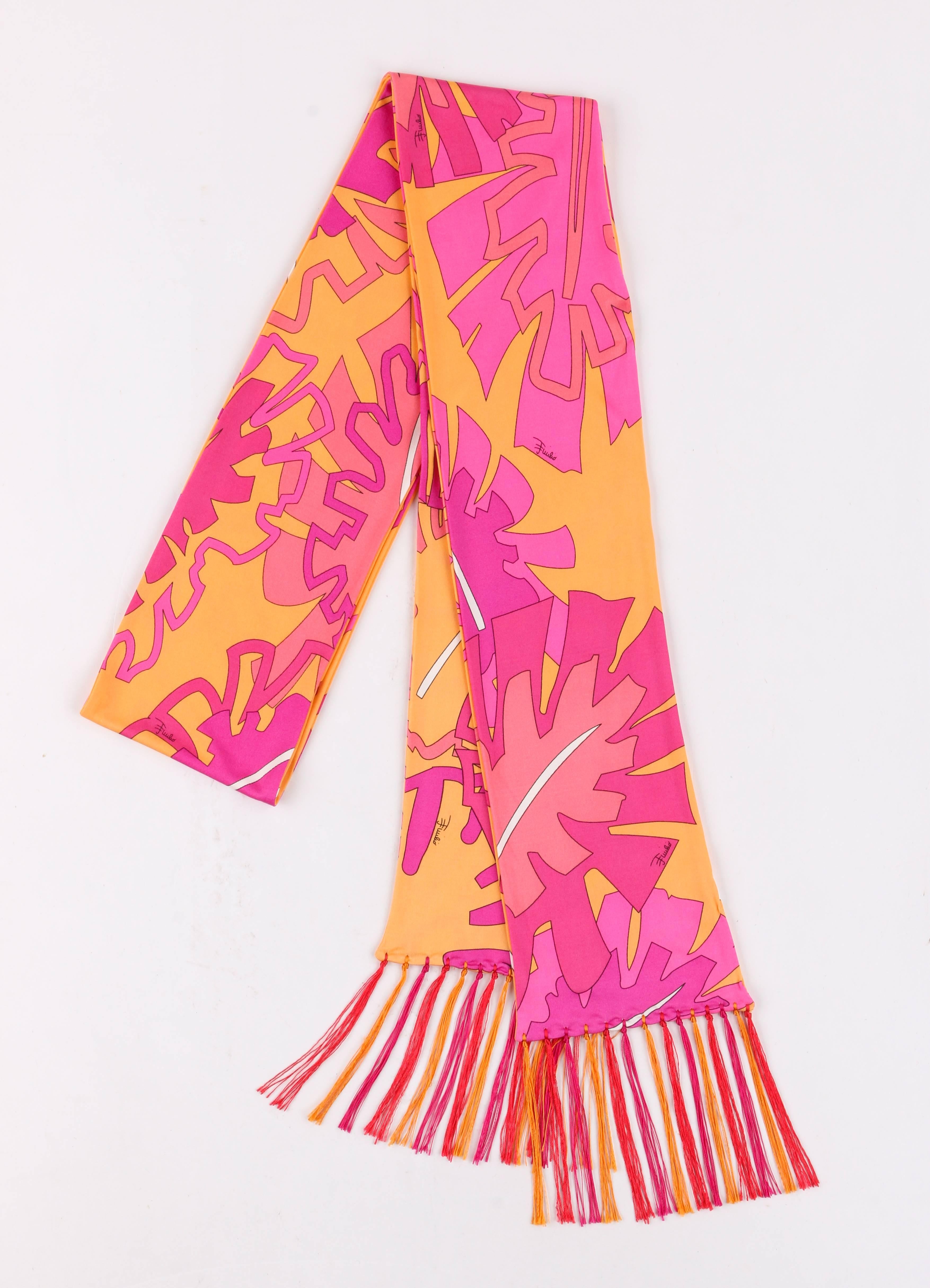 Women's EMILIO PUCCI Orange & Pink Signature Leaf Print Silk Jersey Oblong Fringe Scarf