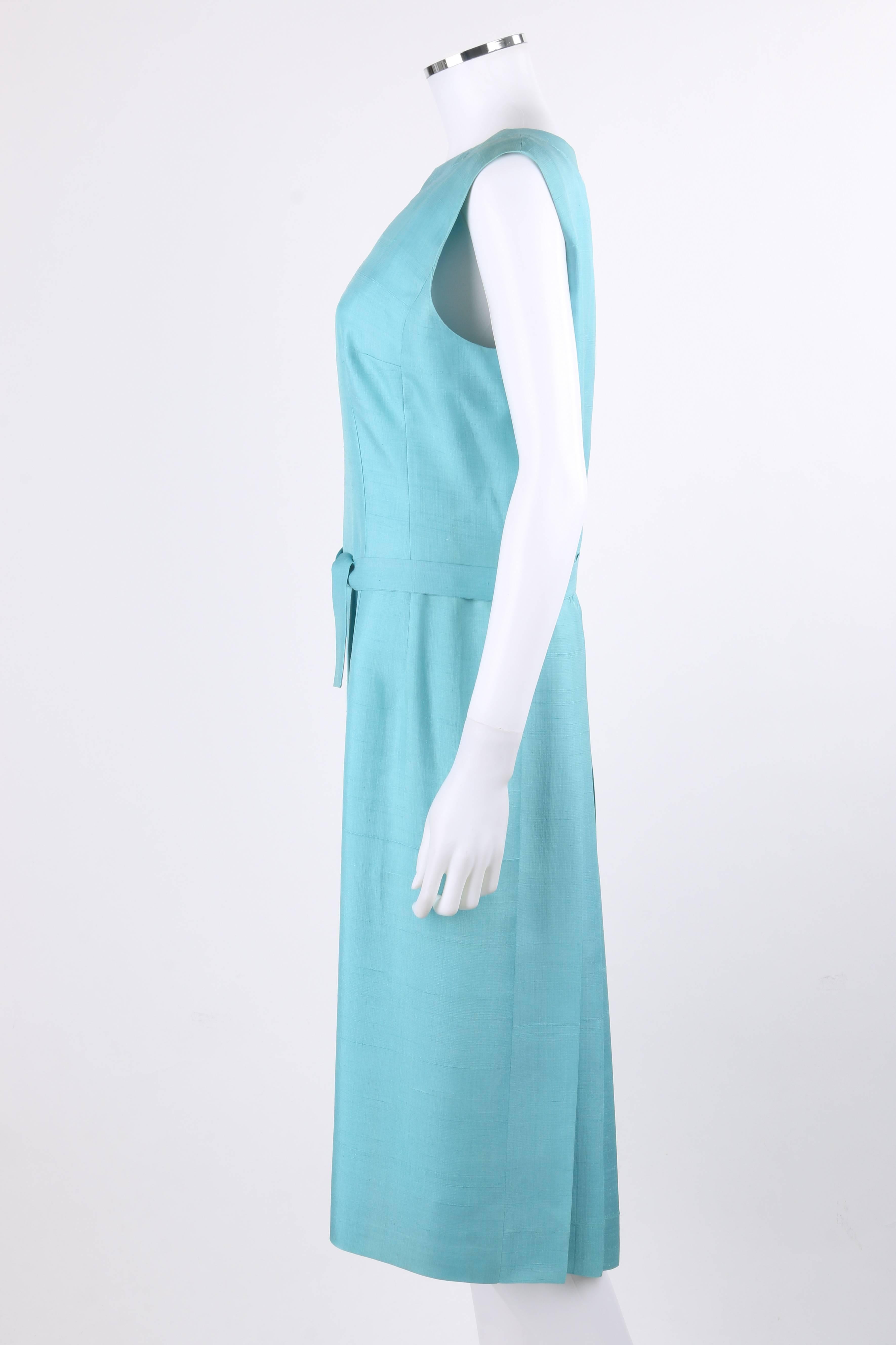 PIERRE CARDIN c.1960's Aquamarine Blue Silk Knife Pleated Shift Dress + Belt In Good Condition For Sale In Thiensville, WI