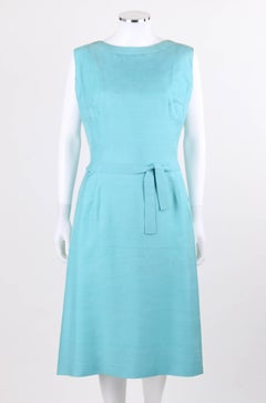 PIERRE CARDIN c.1960's Aquamarine Blue Silk Knife Pleated Shift Dress + Belt