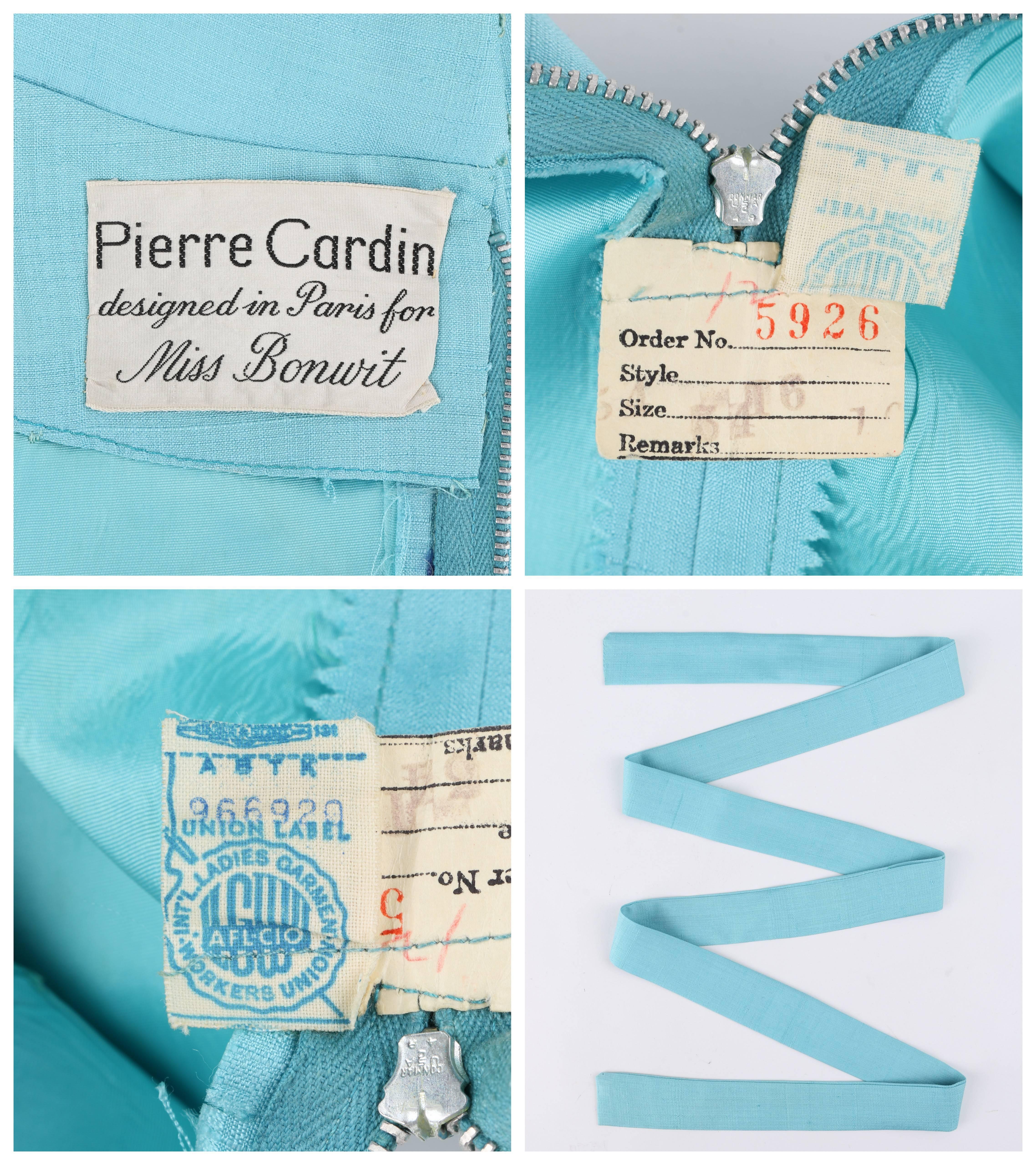 Women's PIERRE CARDIN c.1960's Aquamarine Blue Silk Knife Pleated Shift Dress + Belt For Sale