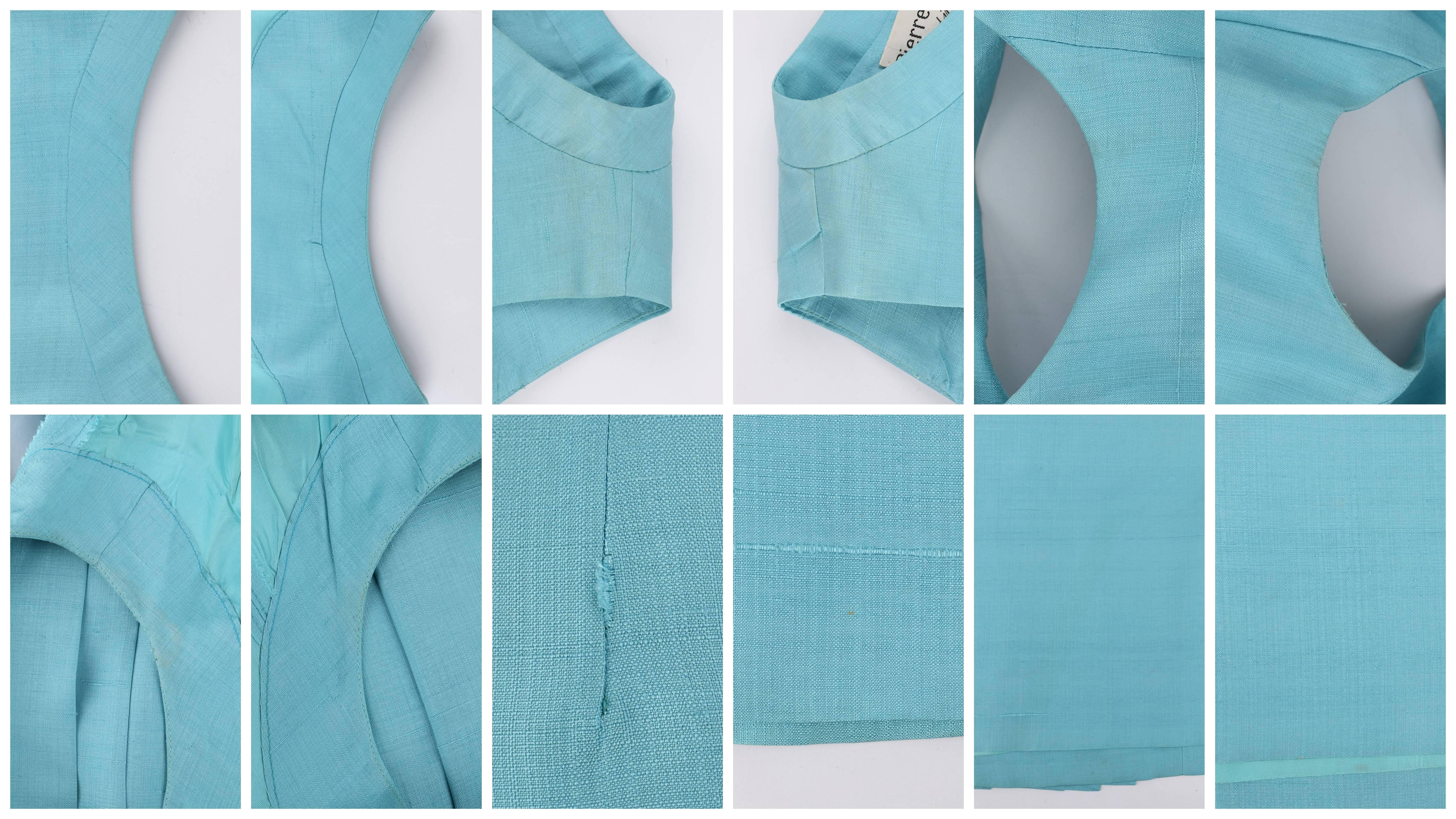 PIERRE CARDIN c.1960's Aquamarine Blue Silk Knife Pleated Shift Dress + Belt For Sale 1