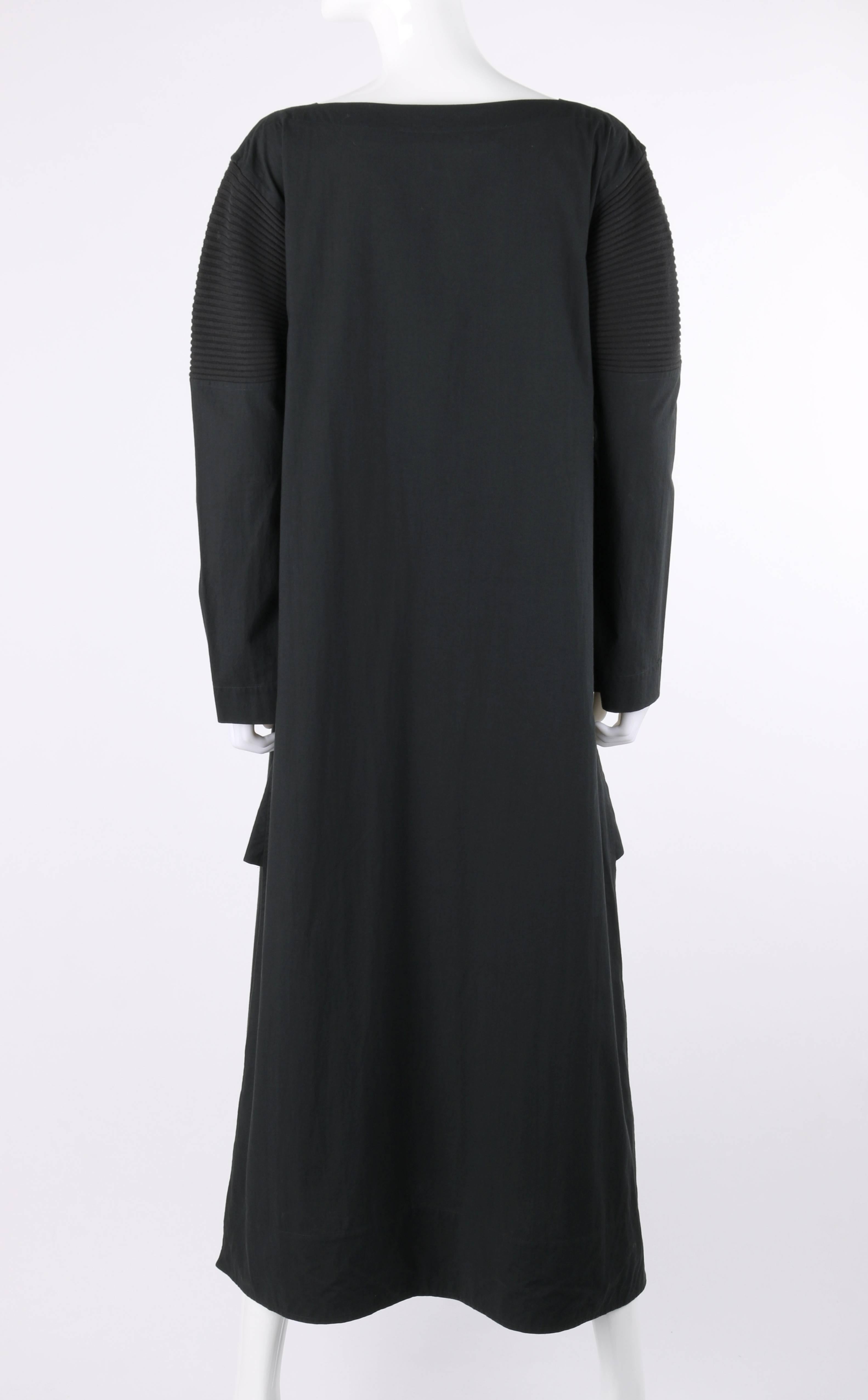 ISSEY MIYAKE Black Long Sleeve Rib Knit Detail Full Length Coat Dress In Good Condition For Sale In Thiensville, WI