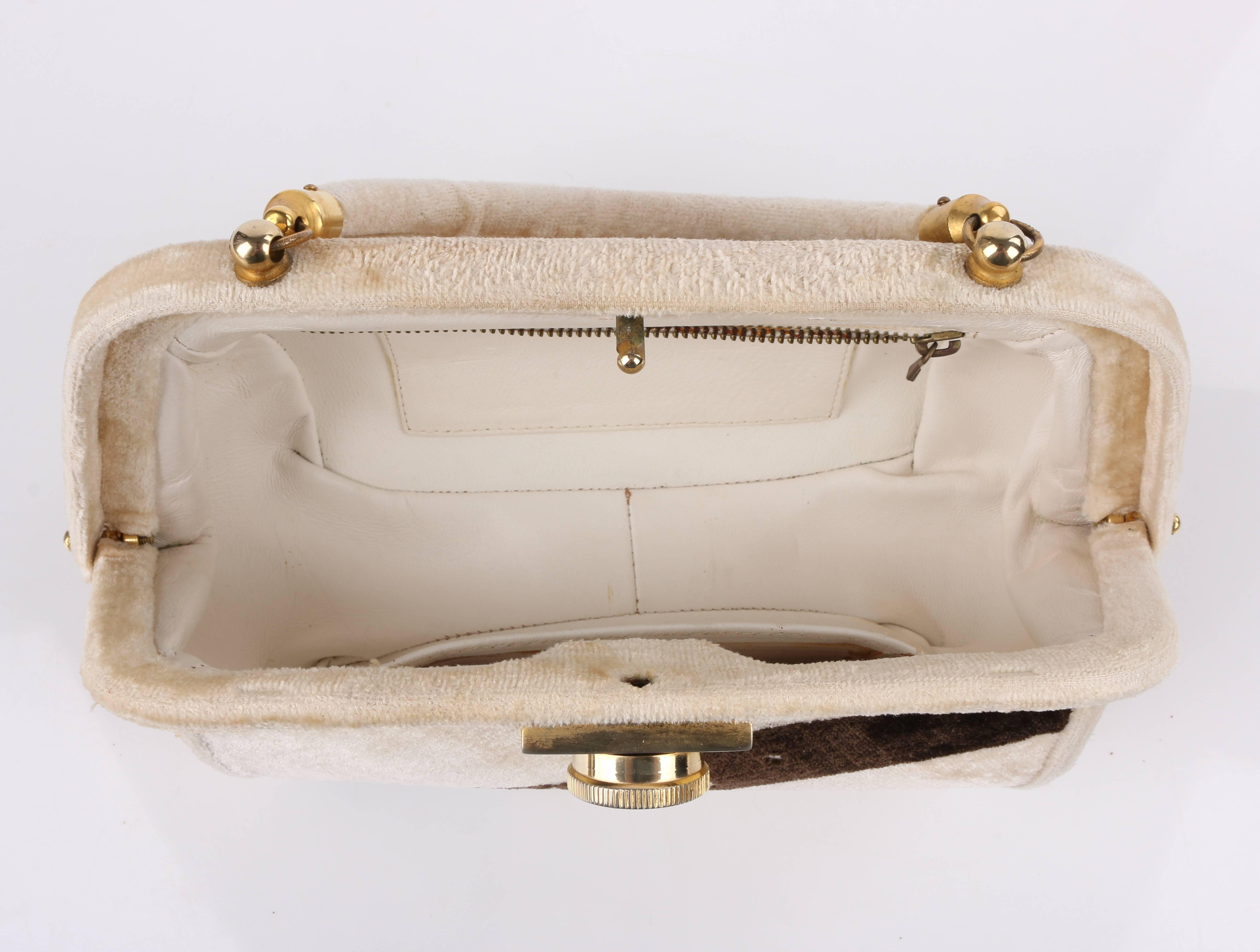 ROBERTA DI CAMERINO c.1960's Beige & Brown Velvet Trompe L'oeil Buckle Handbag 1