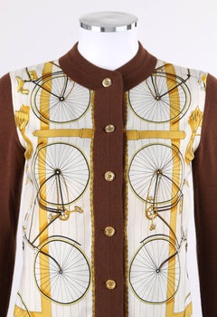 HERMES c.1980's "Les Becanes" Silk Scarf Bicycle Cycle Themed Knit Cardigan