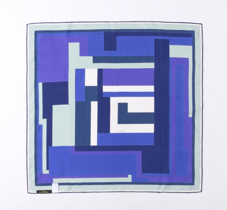 EMILIO PUCCI Blue Multicolor Signature Geometric Op Art Print Silk ...