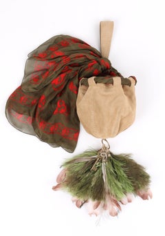 ALEXANDER McQUEEN S/S 2003 "Irere" Sueded Leather Feather Purse With Silk Scarf
