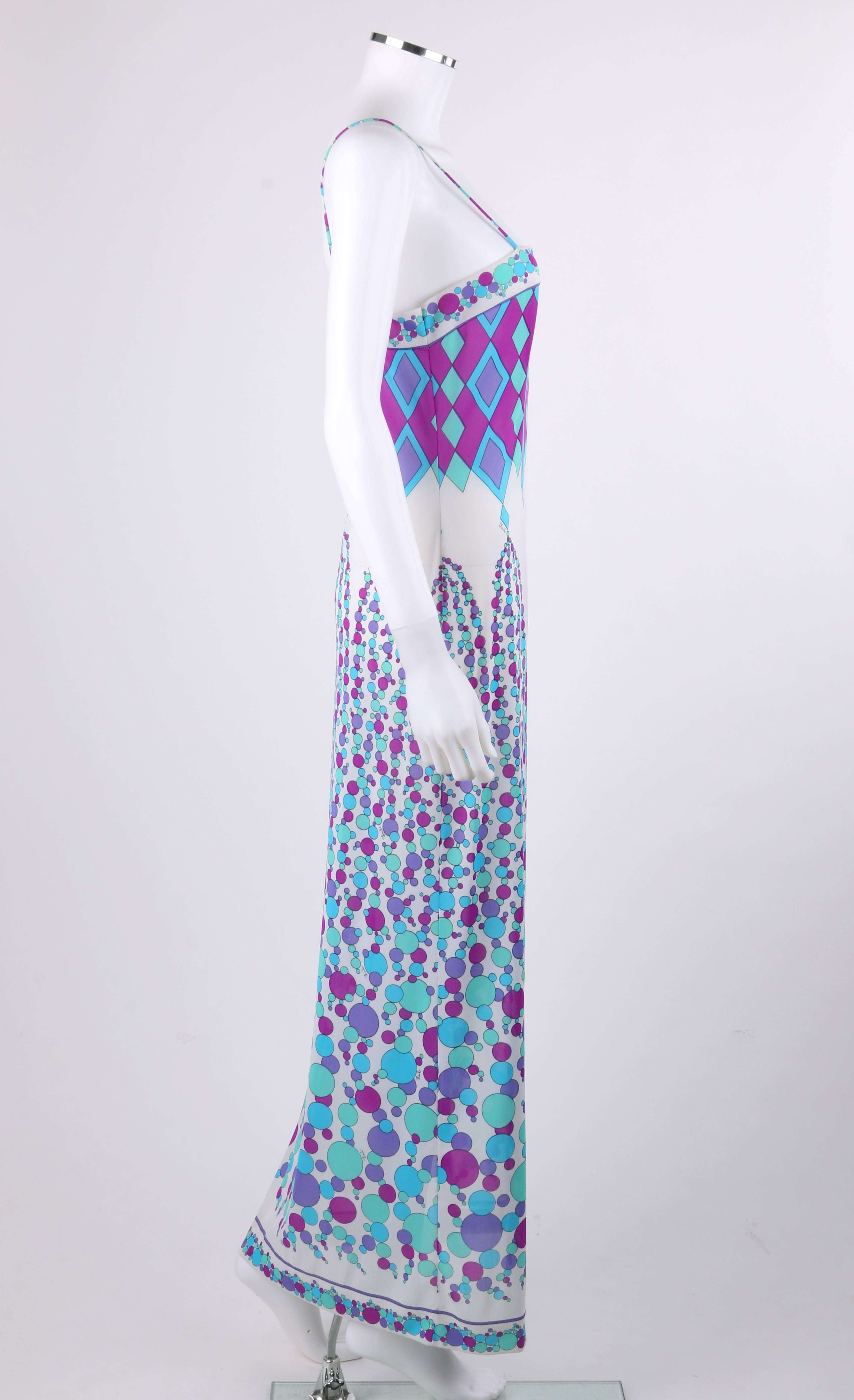 EMILIO PUCCI c.1970's Blue Multicolor Geometric Signature Print Maxi Slip Dress In Good Condition In Thiensville, WI