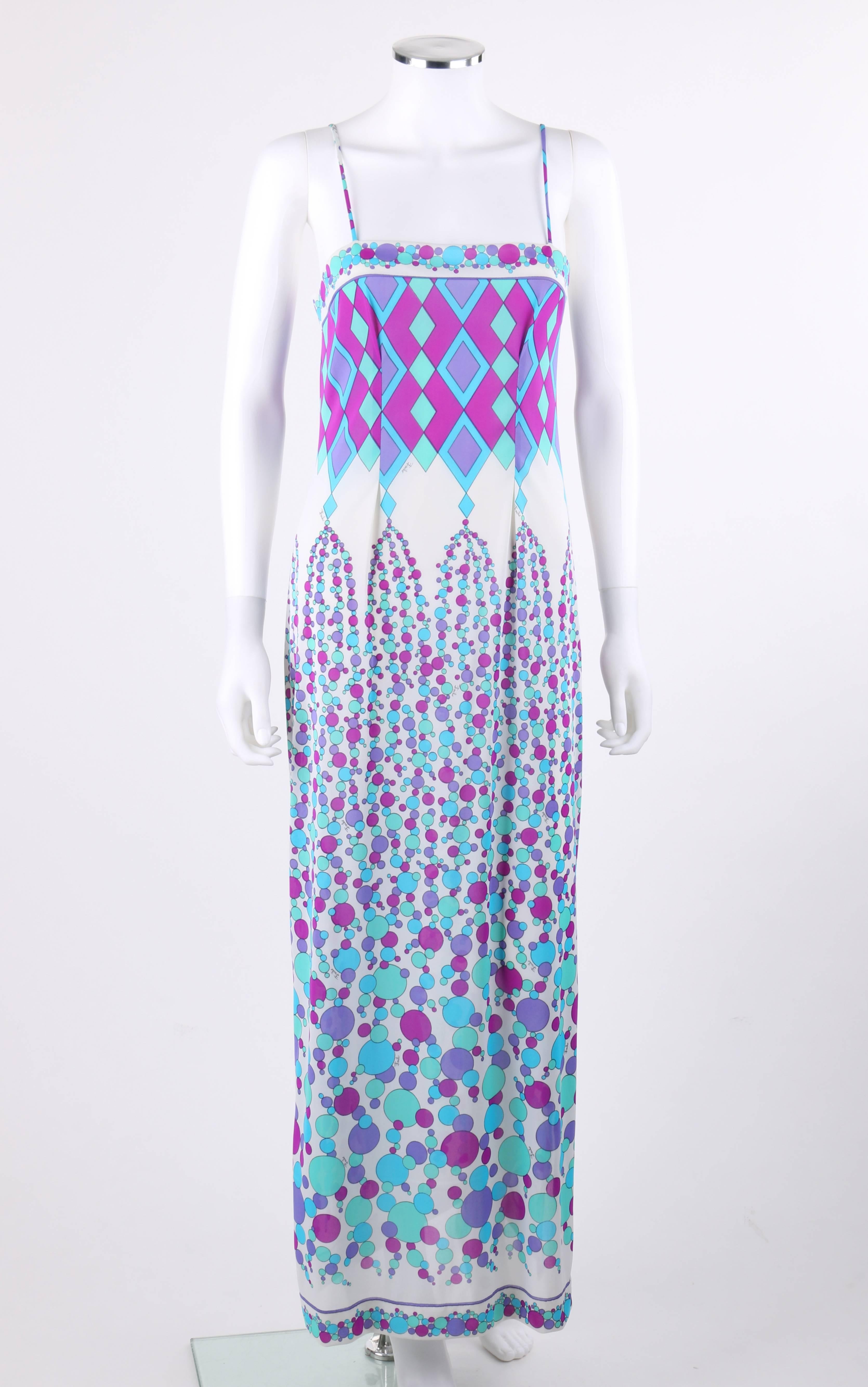 Vintage Emilio Pucci c.1970's blue multi-color geometric signature silk jersey print maxi slip dress in shades of blue, green, and purple on white. Geometric diamond print at bodice with descending bubble print from waist to hem. Multi-color bubble