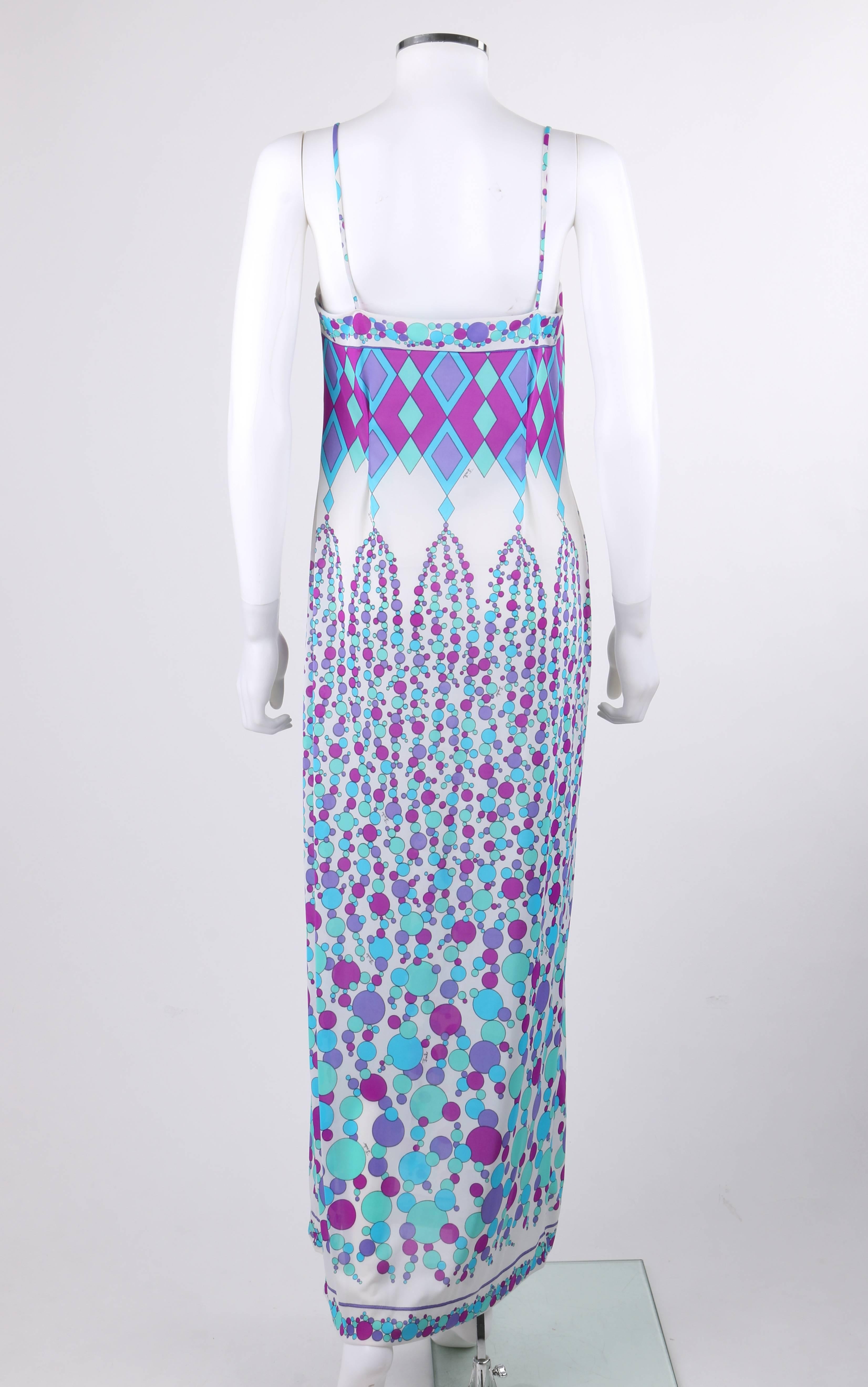 Women's EMILIO PUCCI c.1970's Blue Multicolor Geometric Signature Print Maxi Slip Dress
