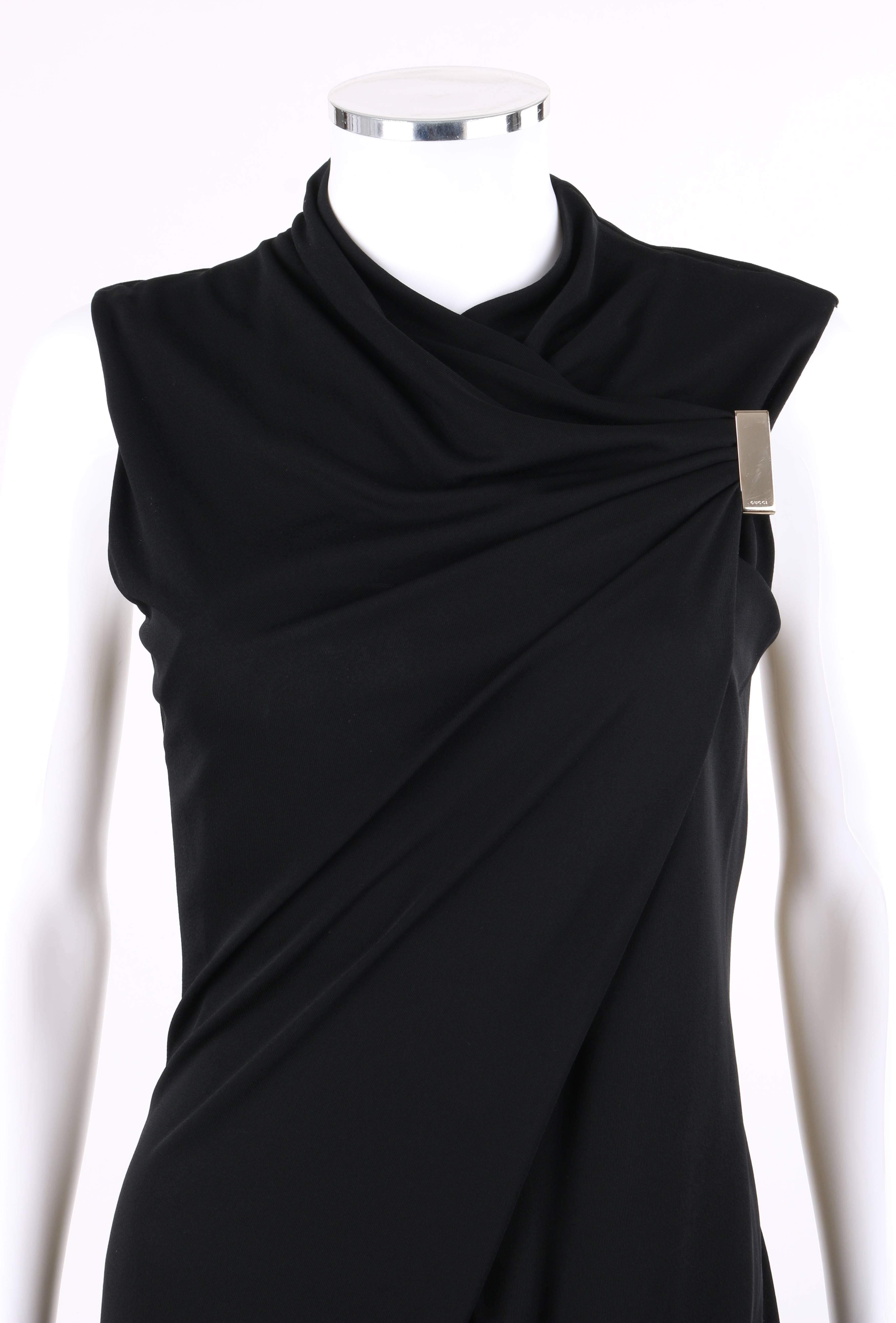 GUCCI Black Jersey Knit Sleeveless Draped Shift Cocktail Dress In Good Condition For Sale In Thiensville, WI