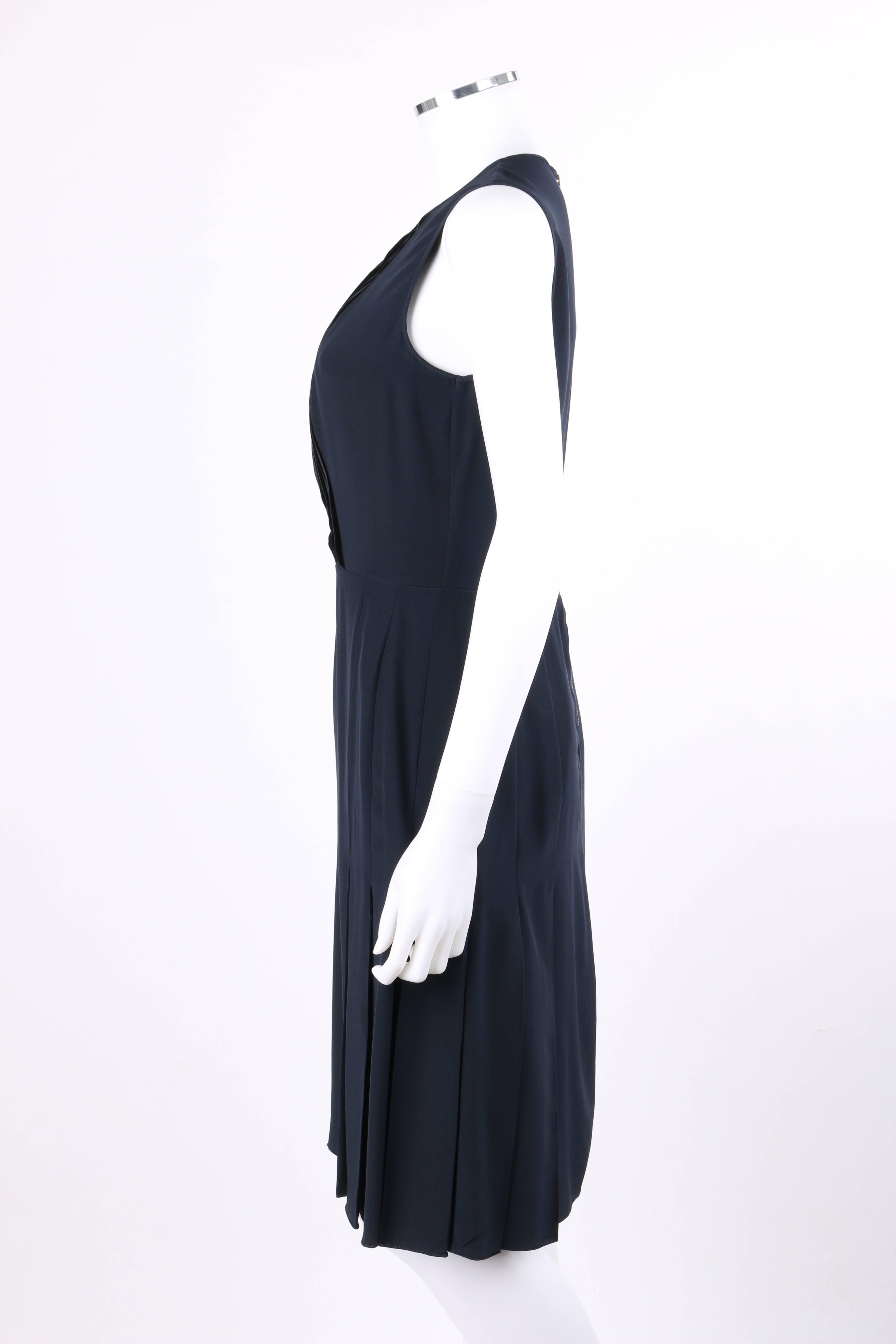 PRADA Navy Blue Silk Sleeveless Pleated Shift Cocktail Dress In Good Condition In Thiensville, WI