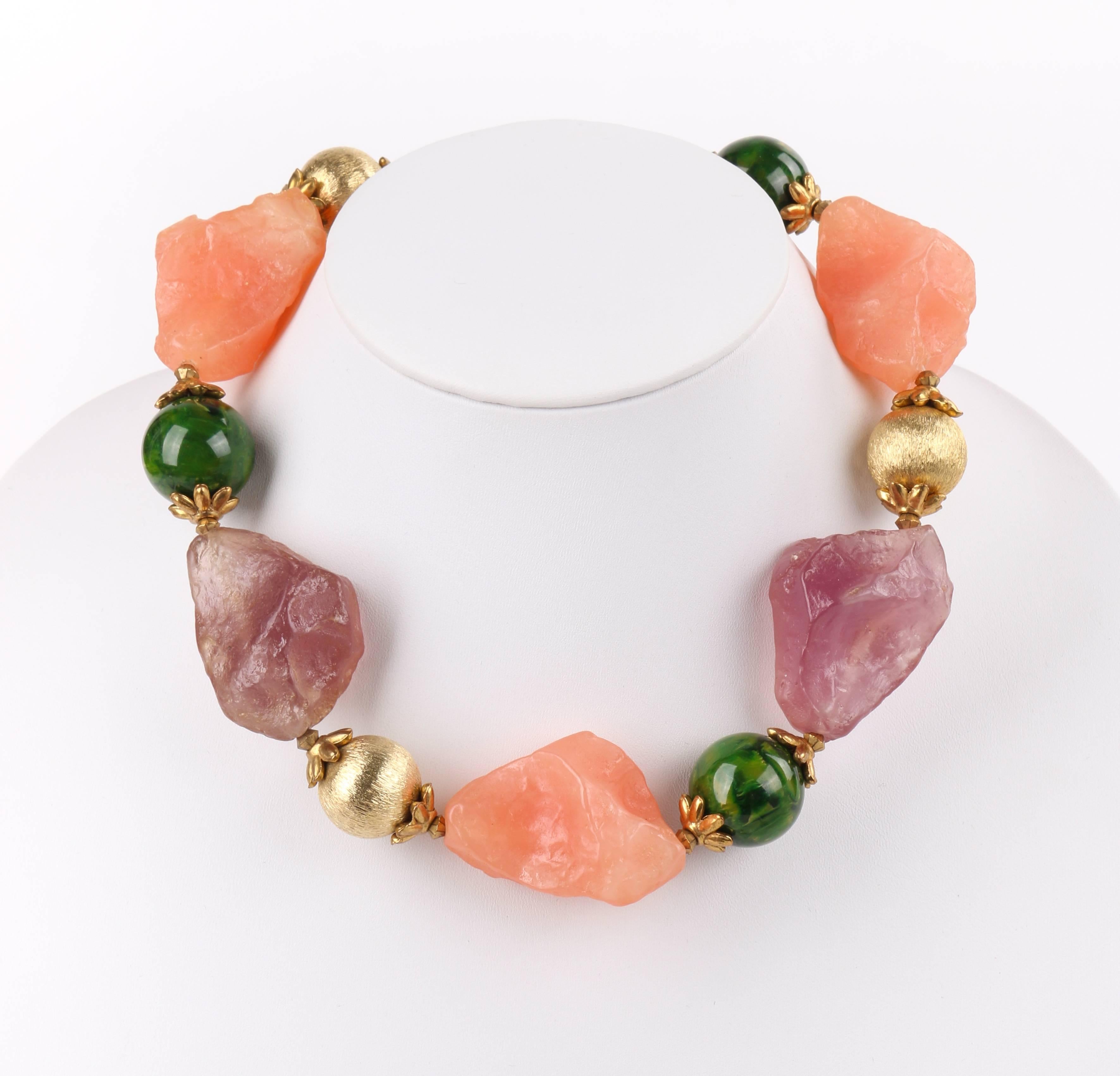 Vintage Cadoro c.1950's multi-color raw stone and spherical bead choker necklace. Designed by Steven Brody and Daniel Stoenescu. Three green marbleized lacquer over Bakelite and three gold-toned textured spherical beads are alternated between five
