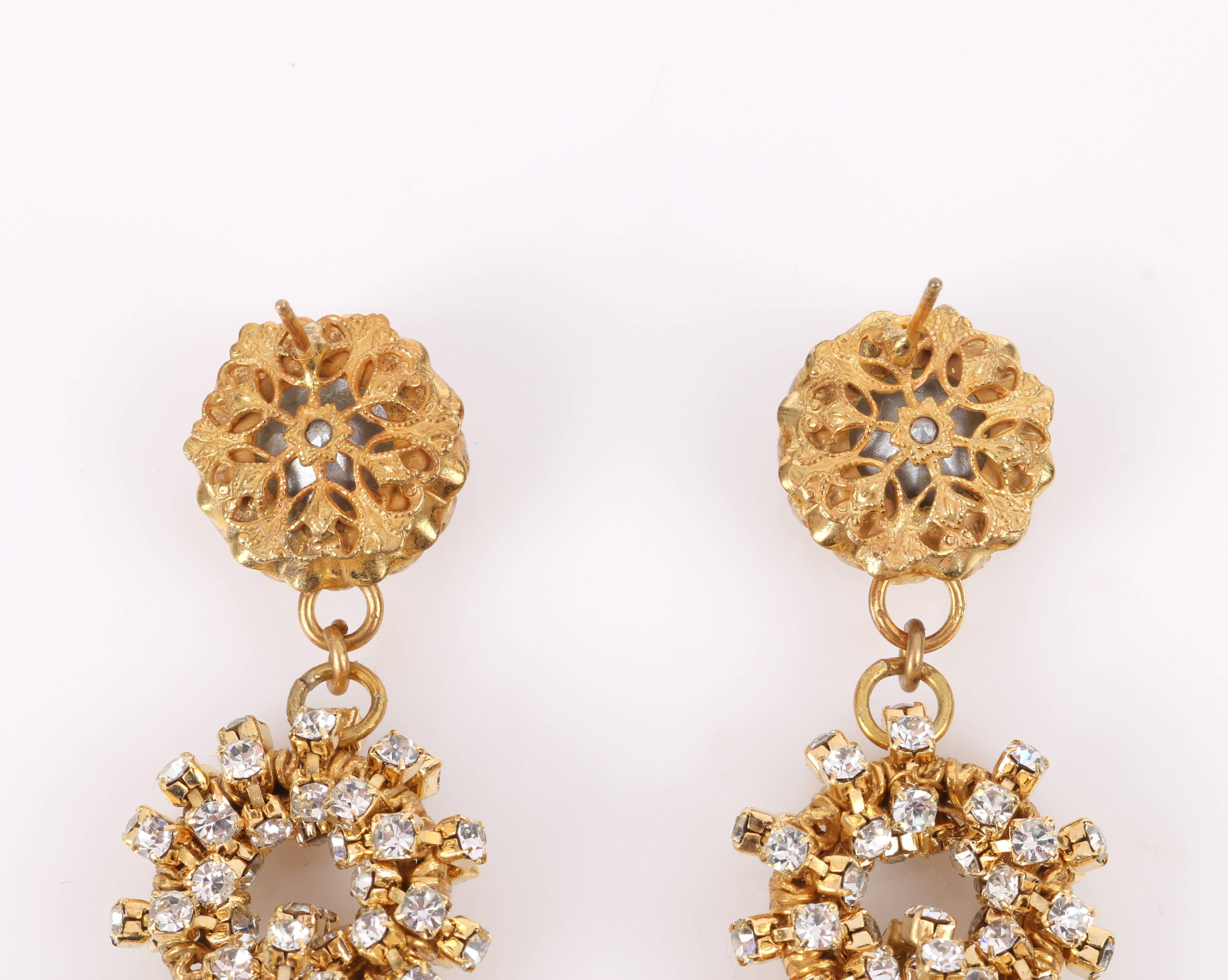 Women's c.1960's Large Gold Crystal Rhinestone Double Hoop Dangle Statement Earrings