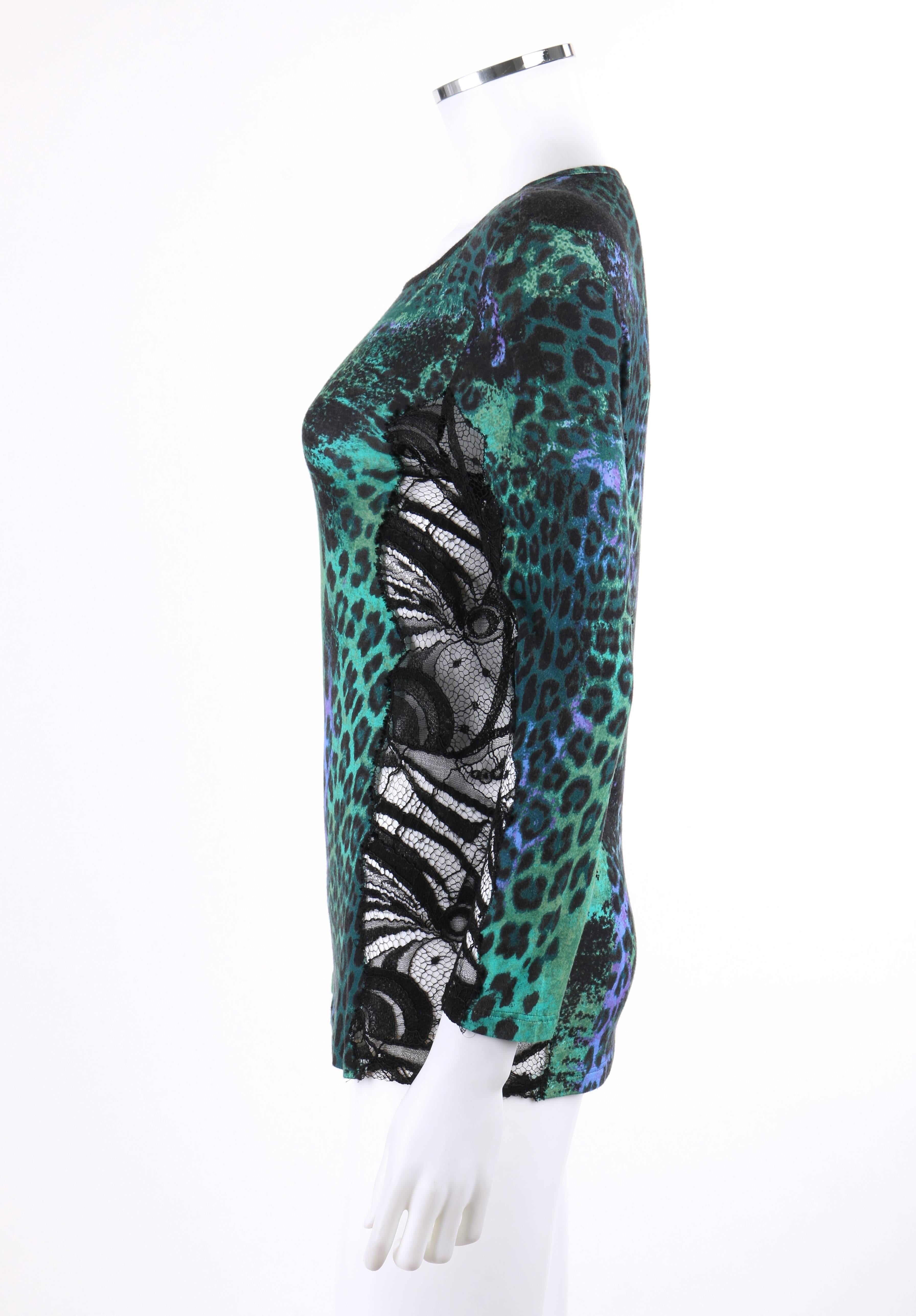 EMILIO PUCCI Pre-Fall 2011 Green Leopard Print Knit & Black Lace Inset Top 1