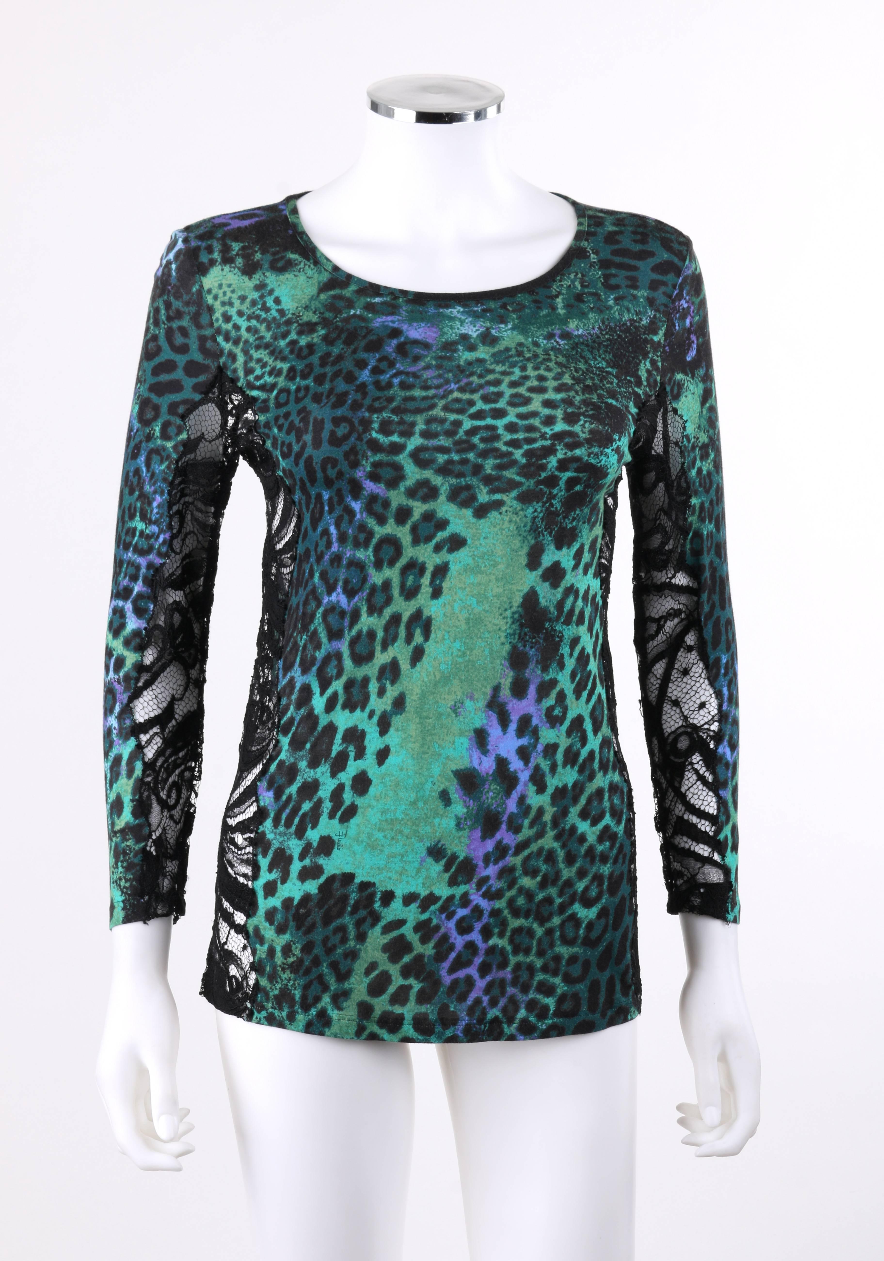 Emilio Pucci Pre-Fall 2011 green multi-color leopard print knit and black lace inset top. Designed by Peter Dundas. Abstract leopard print knit in shades of green, blue, and black. Scoop neckline. 3/4 length sleeves. Pull over style. Black lace
