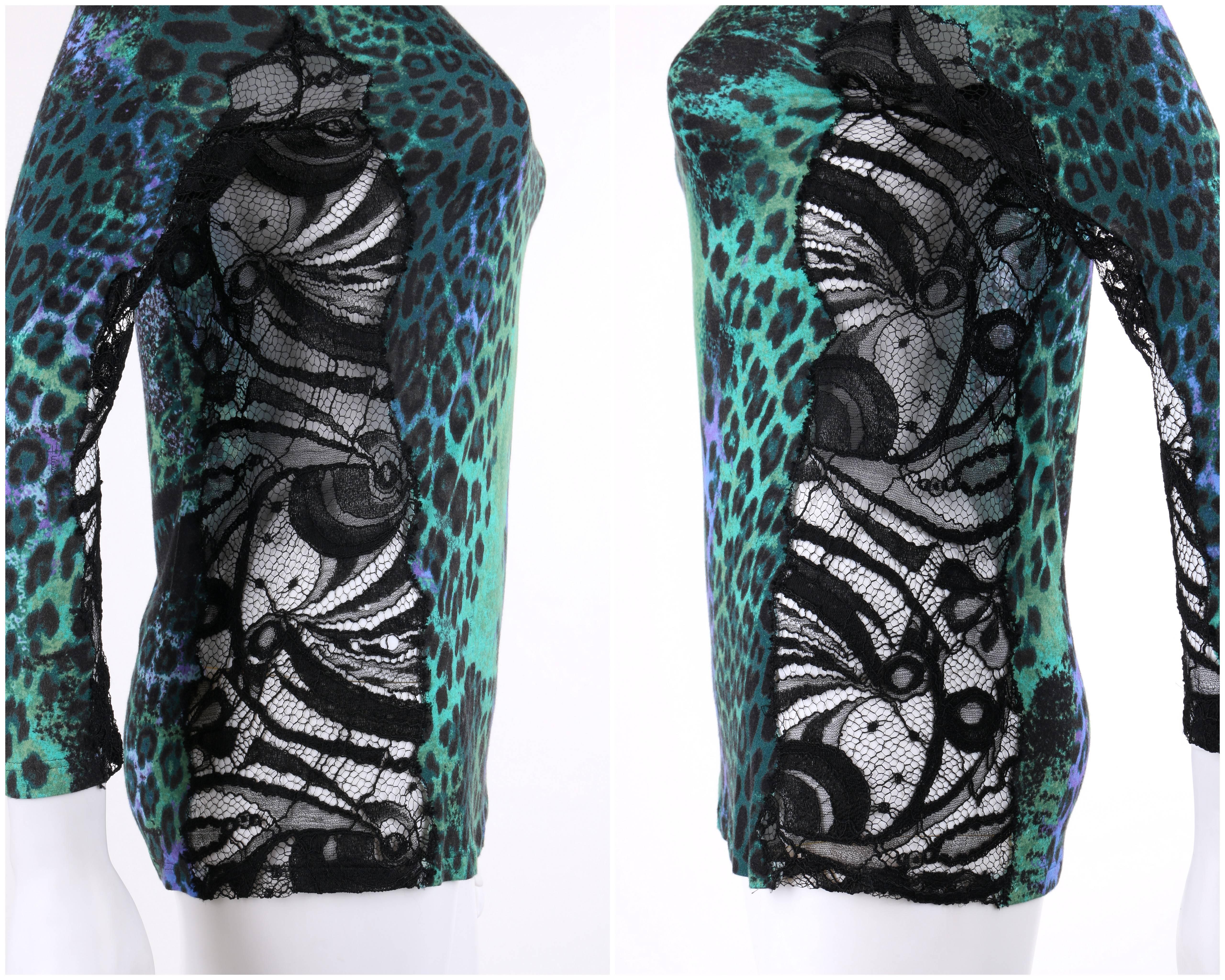 EMILIO PUCCI Pre-Fall 2011 Green Leopard Print Knit & Black Lace Inset Top 2
