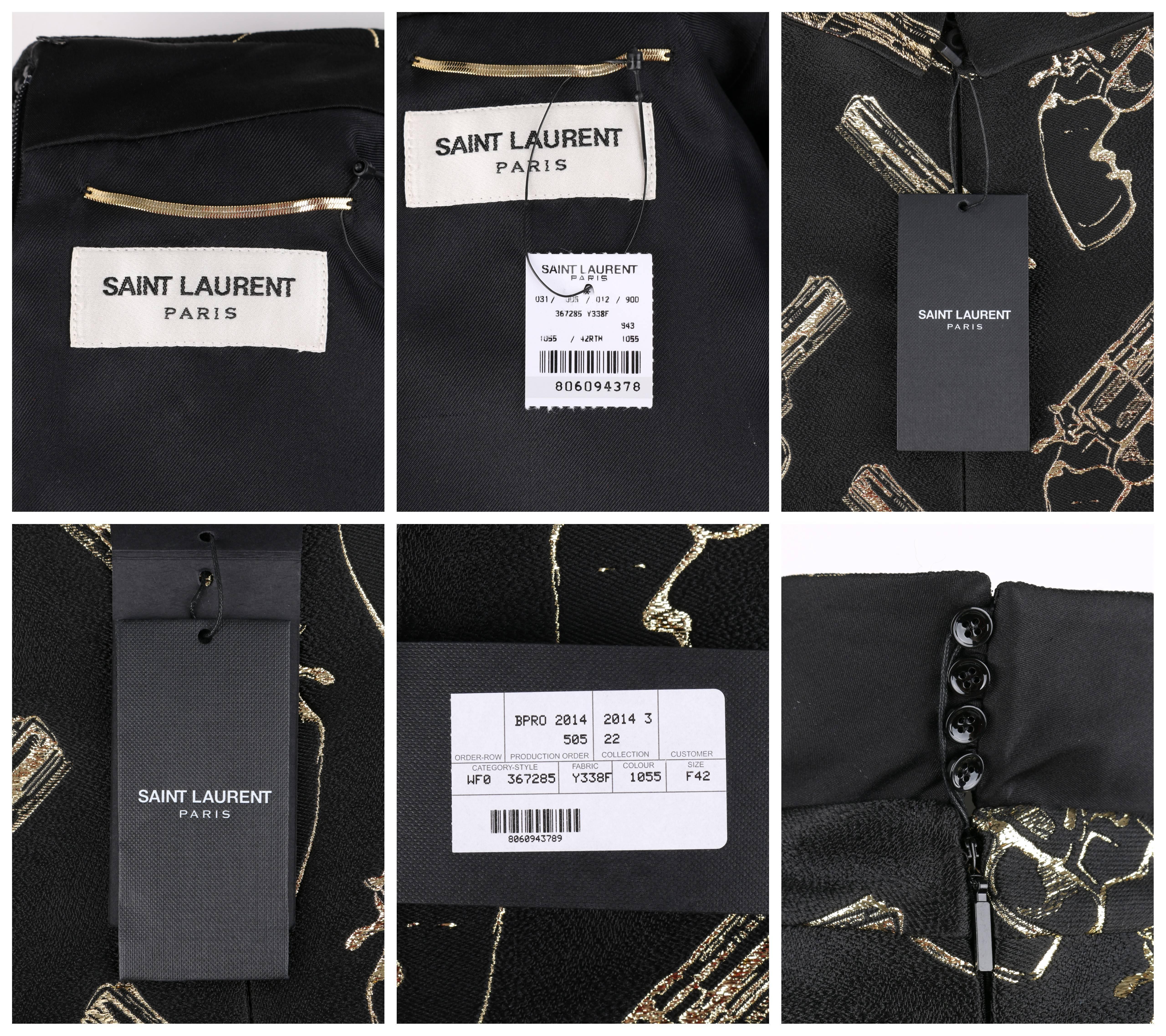 Women's SAINT LAURENT A/W 2014 Black & Metallic Gold Gun Print Mini Shift Dress NWT
