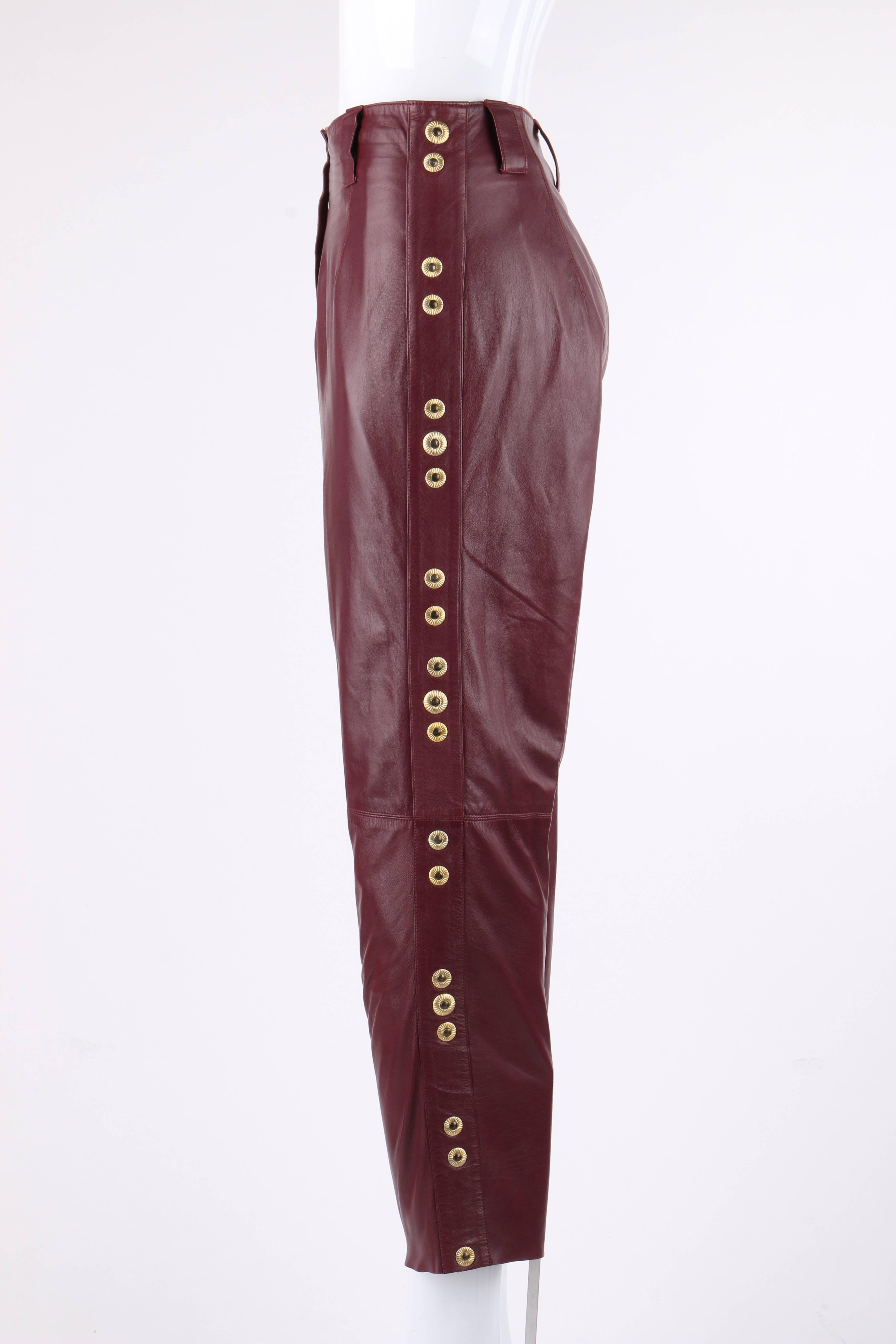 ROBERTO CAVALLI Burgundy Leather Studded Embellished Ankle Length Pants Trousers In Excellent Condition In Thiensville, WI