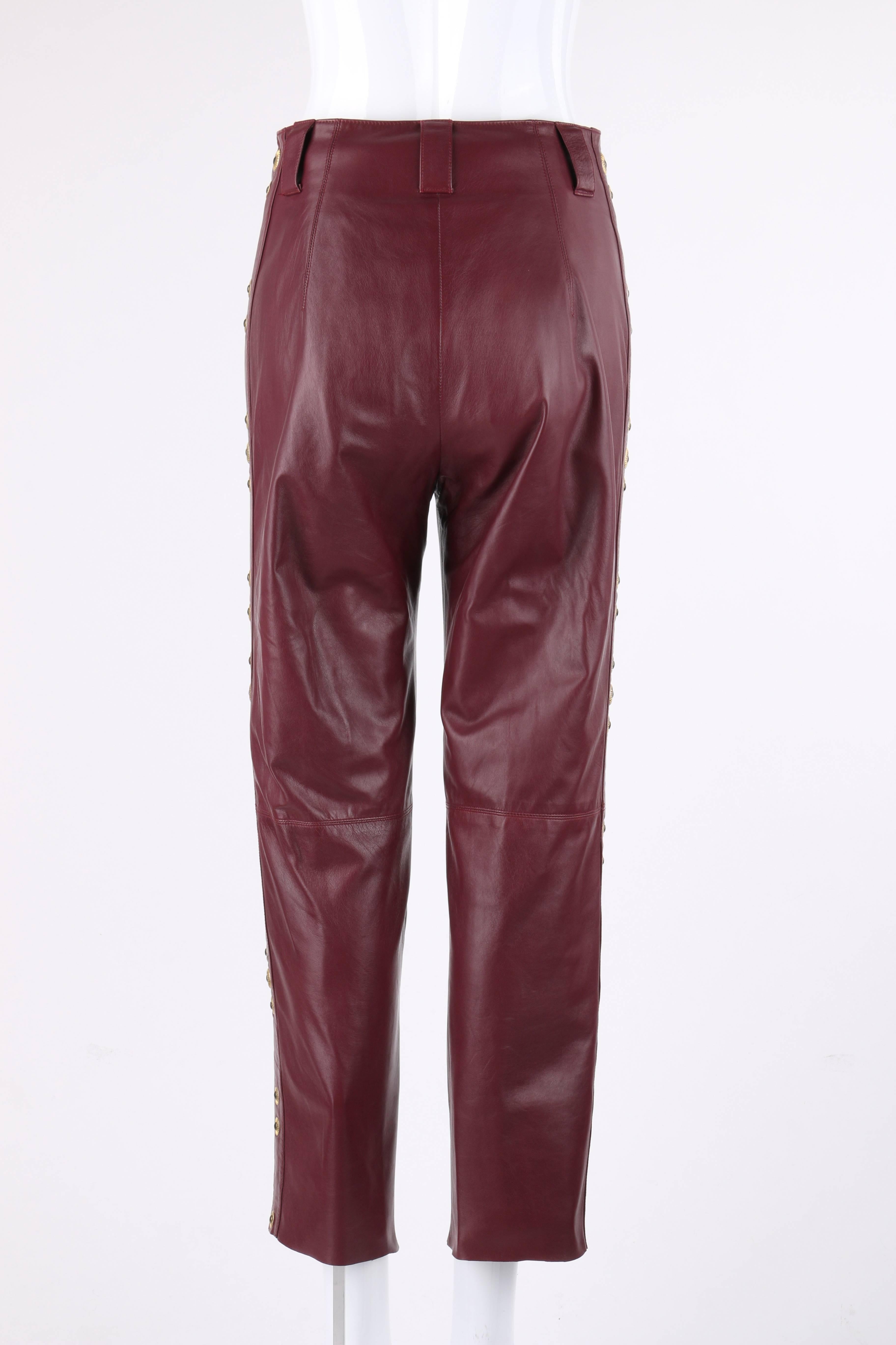 Brown ROBERTO CAVALLI Burgundy Leather Studded Embellished Ankle Length Pants Trousers